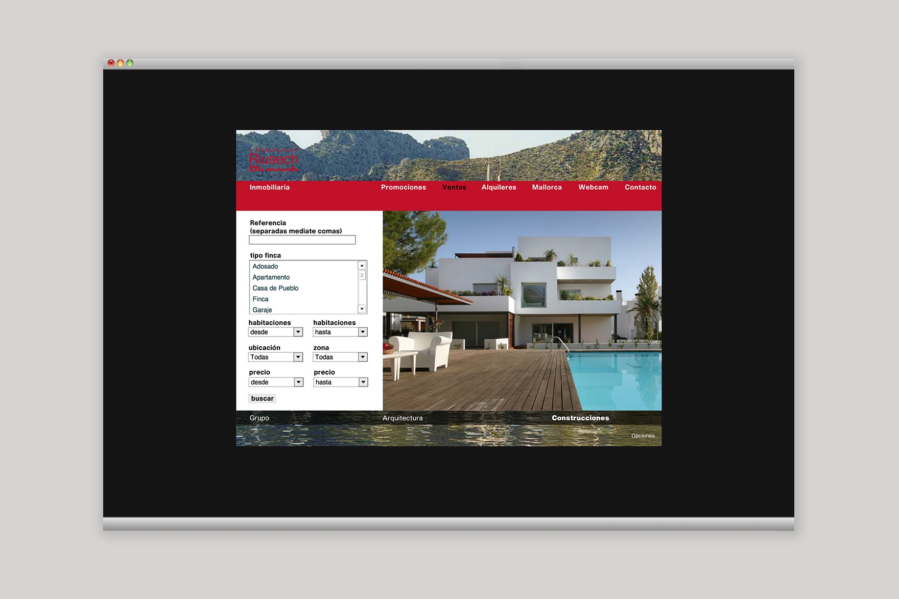 SALES page design of RIUSECH GROUP website. Includes a red header, search filters to the left and housing with a swimming pool to the right. Website designed by the esiete branding and communication studio and programmed by sevenap.