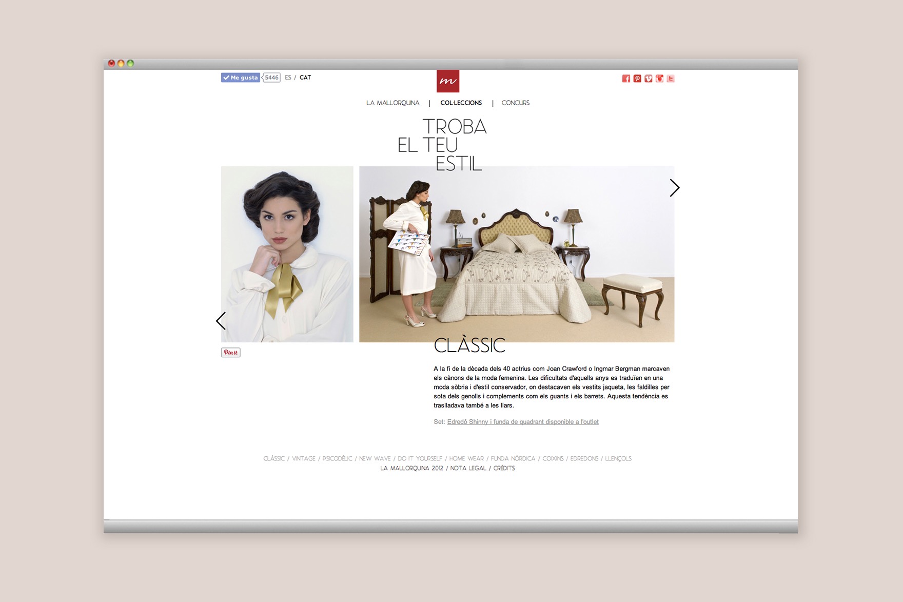 Disseny de la p&agrave;gina CLASSIC DE COL&middot;LECCIONS del web LA MALLOQUINA. Inclou un model de dona dins d'un dormitori cl&agrave;ssic. Dissenyat per l'estudi de marca i comunicaci&oacute; esiete i programat per sevenap.