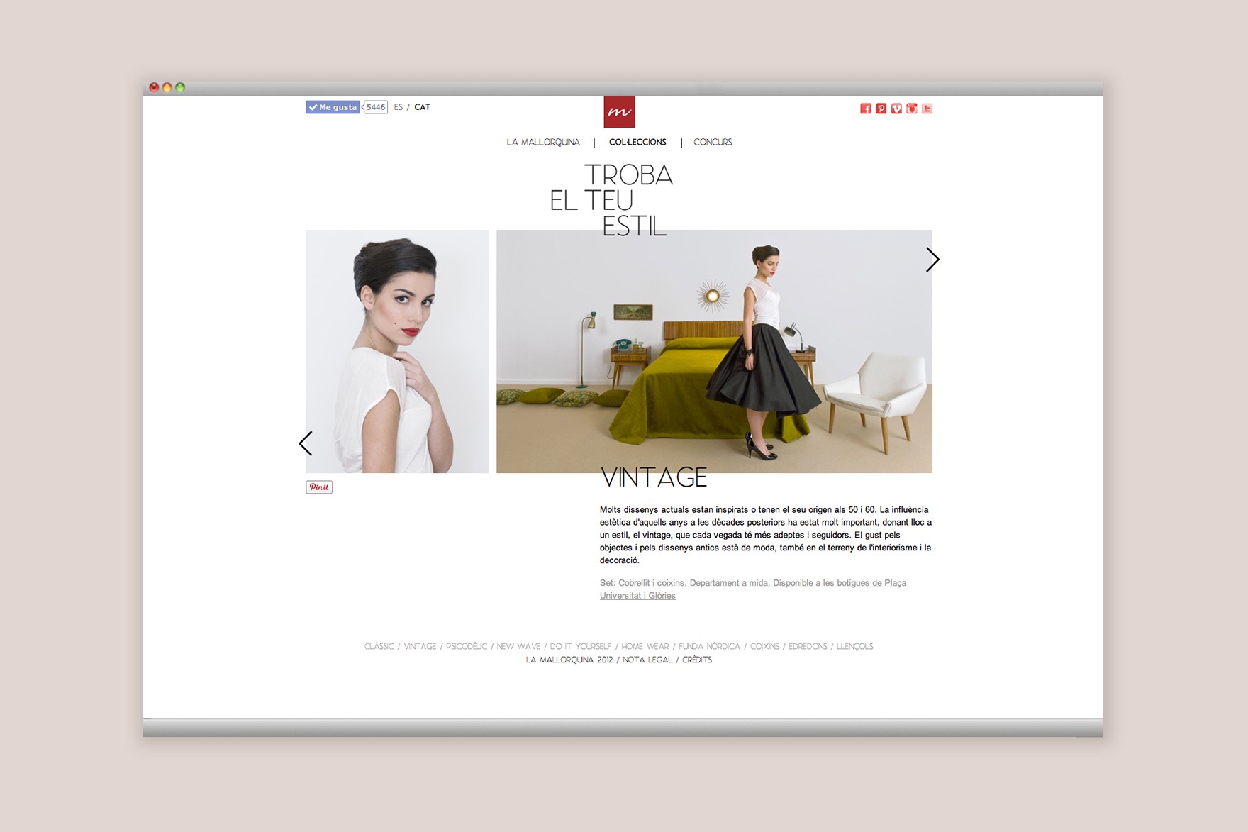 Disseny de la p&agrave;gina VINTAGE DE COL&middot;LESCCIONS del web LA MALLOQUINA. Inclou un model de dona dins d'un dormitori vintage. Dissenyat per l'estudi de marca i comunicaci&oacute; esiete i programat per sevenap.