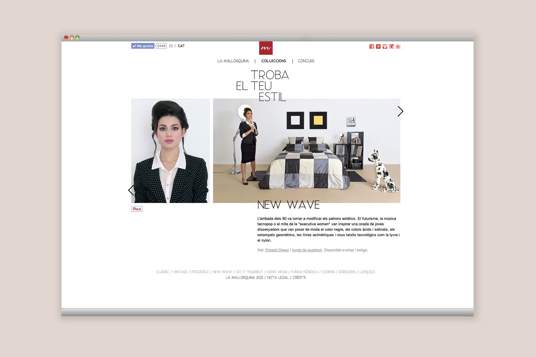 Disseny de la p&agrave;gina NEW WAVE DE COL&middot;LECCIONS del web LA MALLOQUINA. Inclou un model de dona amb vestit negre, dins del dormitori. Dissenyat per l'estudi de marca i comunicaci&oacute; esiete i programat per sevenap.