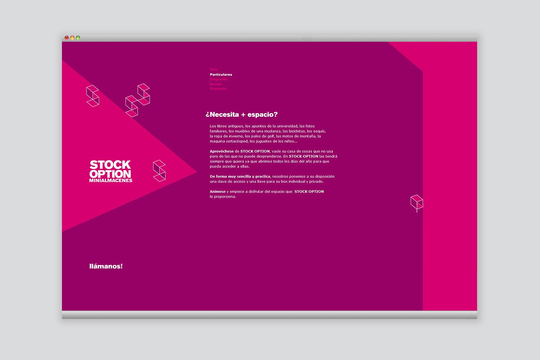 Article page design of &ldquo;Do you need + space?&rdquo; from the STOCK OPTION website. Includes Isometric 2d &ldquo;S&rdquo; with super graphics in the magenta background. Designed by Esiete branding and communication studio and programmed by sevenap.