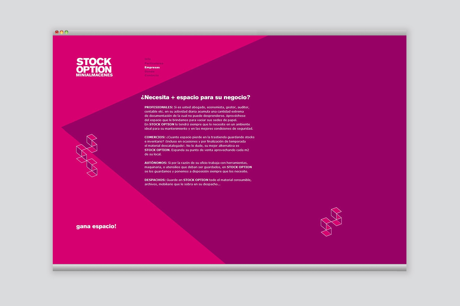 Article page design of &ldquo;Do you need + space for your business?&rdquo; from the STOCK OPTION website. Includes Isometric 2d &ldquo;S&rdquo; with super graphics in the magenta background. Website designed by Esiete branding and communication studio and programmed by sevenap.