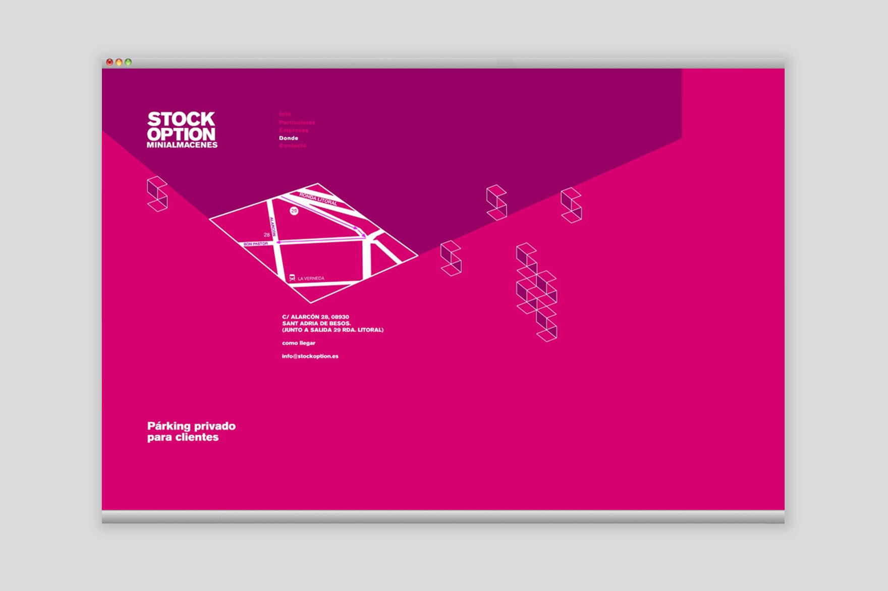 &ldquo;WHERE&rdquo; web page design of the STOCK OPTION website. Includes Isometric 2d &ldquo;S&rdquo; with super graphics in the magenta background and a map illustration next to the address of the company. Designed by Esiete branding and communication studio and programmed by sevenap.