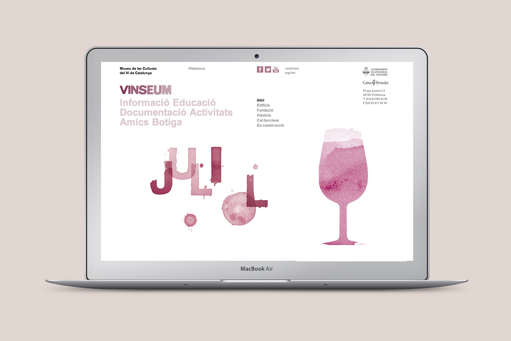 Disseny de la p&agrave;gina d'inici de la web de VINSEUM (fotos, continguts, desenvolupament). Inclou tipografia i il&middot;lustraci&oacute; a l'aquarel&middot;la. Disseny i il&middot;lustracions de l'estudi de comunicaci&oacute; i marca Esiete i programat per sevenap.