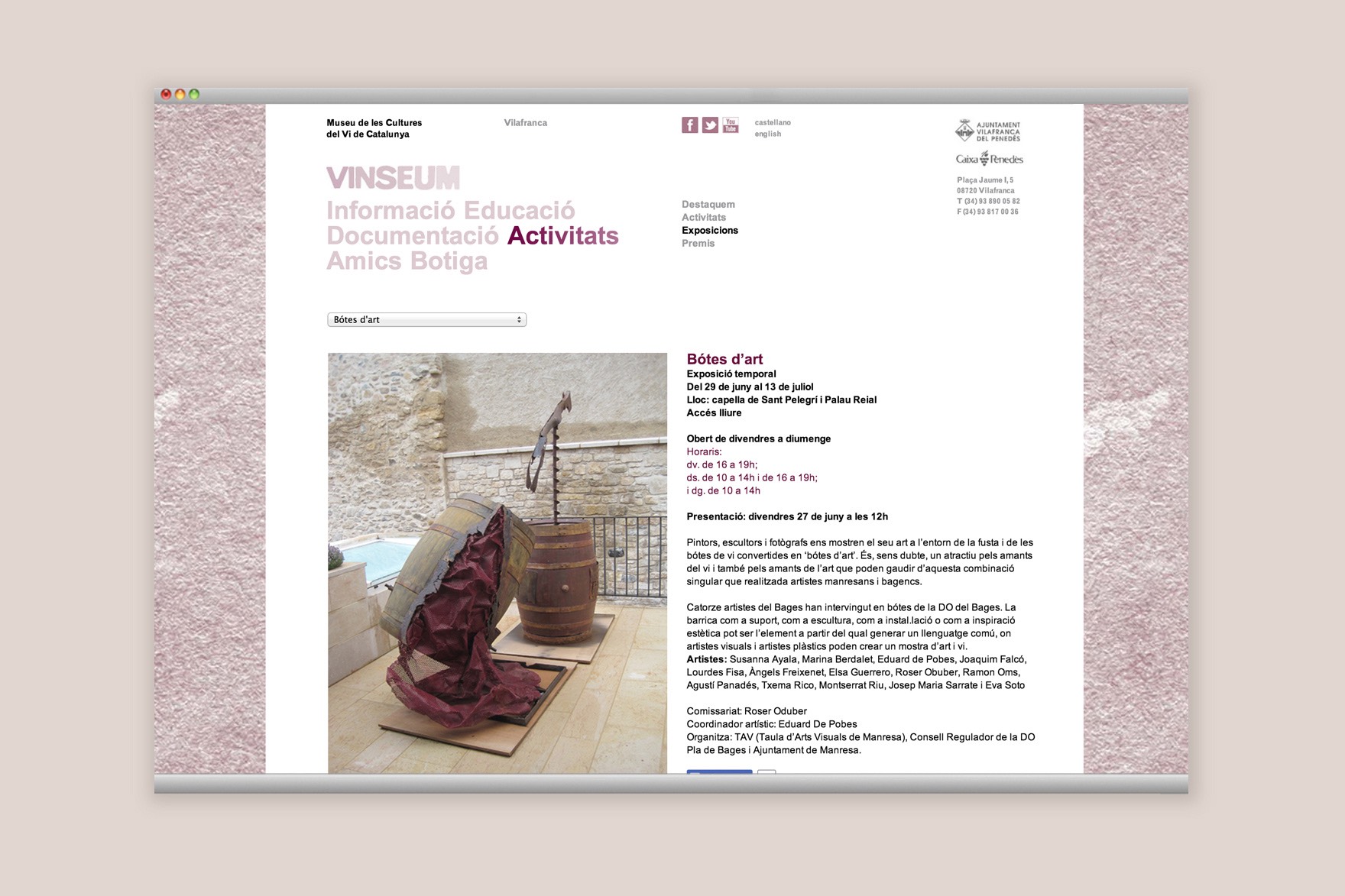Disseny de la p&agrave;gina d'activitats del web de VINSEUM. Dissenyat per l'estudi de marca i comunicaci&oacute; esiete i programat per sevenap.