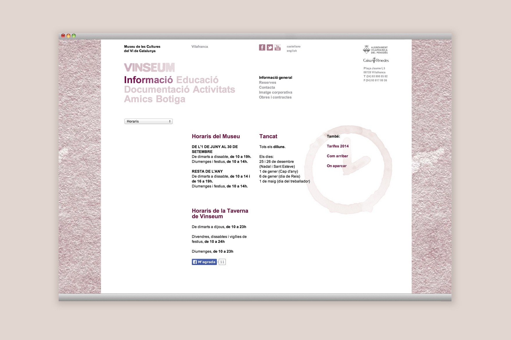 P&agrave;gina d'horaris de la web de VINSEUM. Dissenyat per l'estudi de marca i comunicaci&oacute; esiete i programat per sevenap.