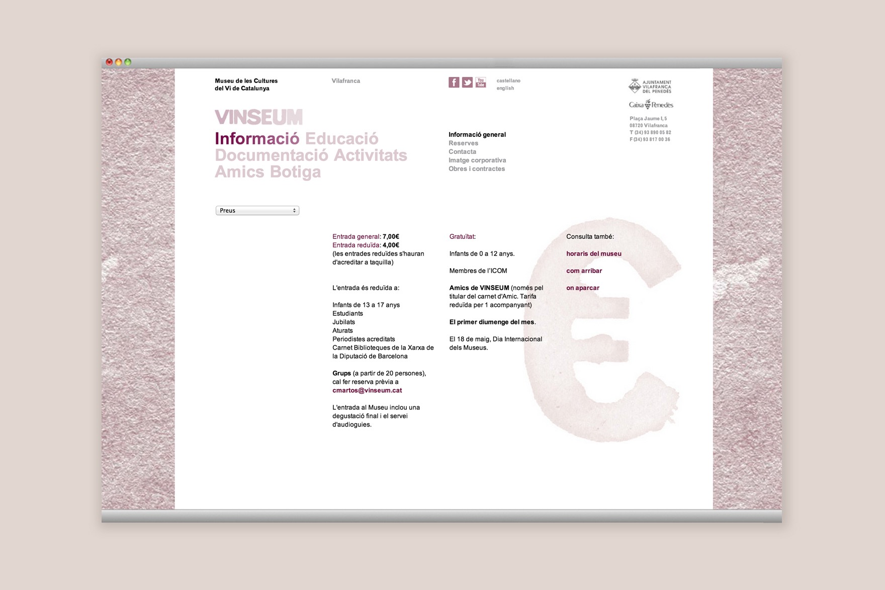 P&agrave;gina de preus de la web de VINSEUM. Dissenyat per l'estudi de marca i comunicaci&oacute; esiete i programat per sevenap.