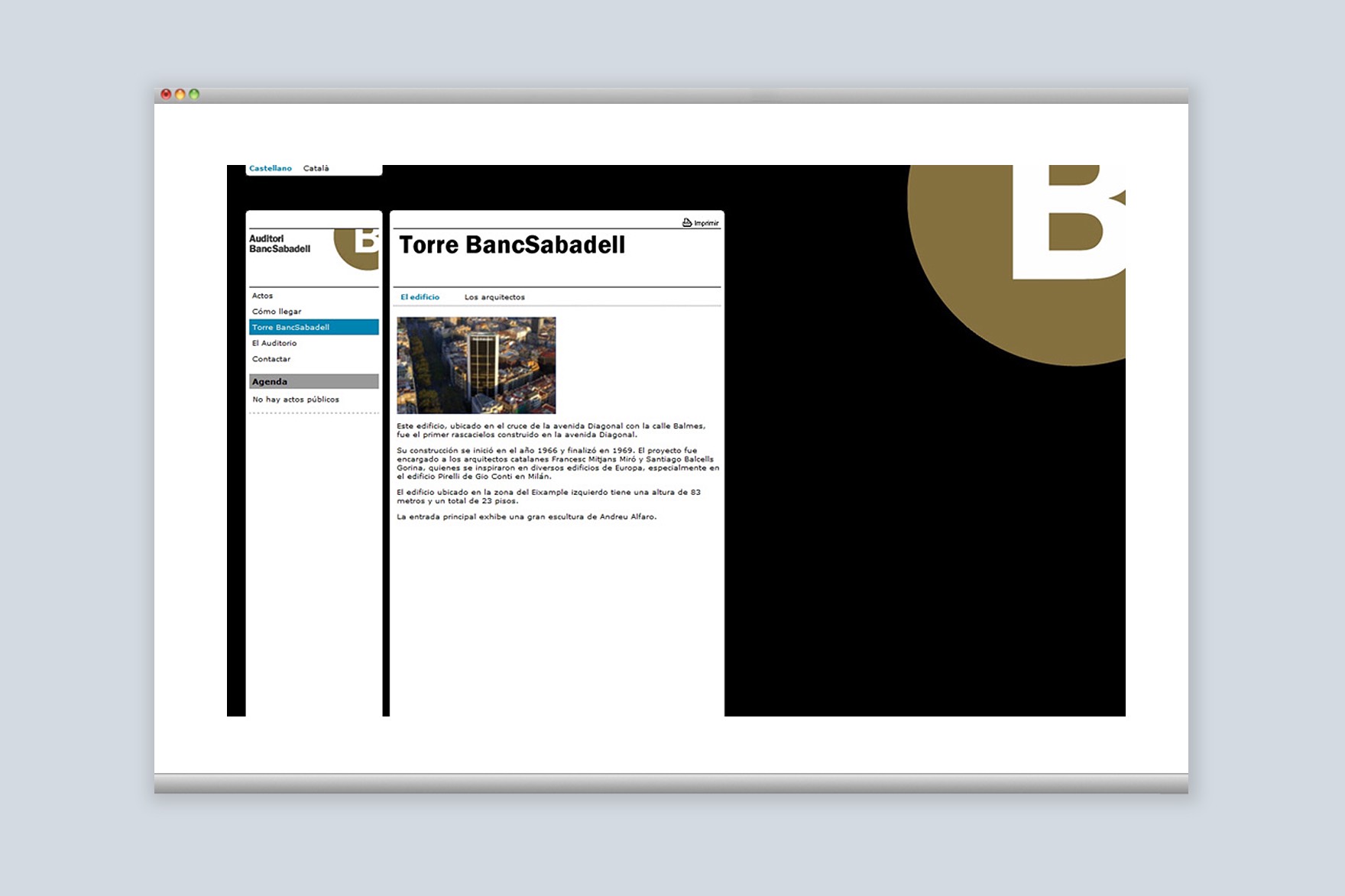 Torre del banco Sabadell, de la web del Auditorio BANC SABADELL. Web dise&ntilde;ada por el estudio de branding y comunicaci&oacute;n Esiete y programada por sevenap.