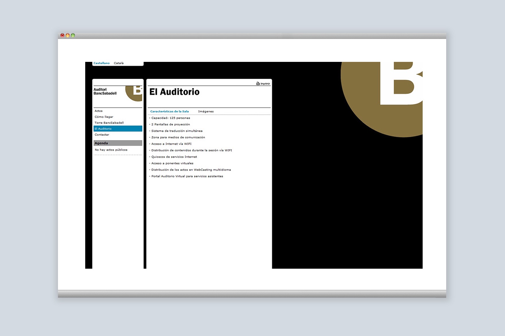 P&aacute;gina &ldquo;el auditorio&rdquo; de la web del Auditorio BANC SABADELL. Web dise&ntilde;ada por el estudio de branding y comunicaci&oacute;n Esiete y programada por sevenap.