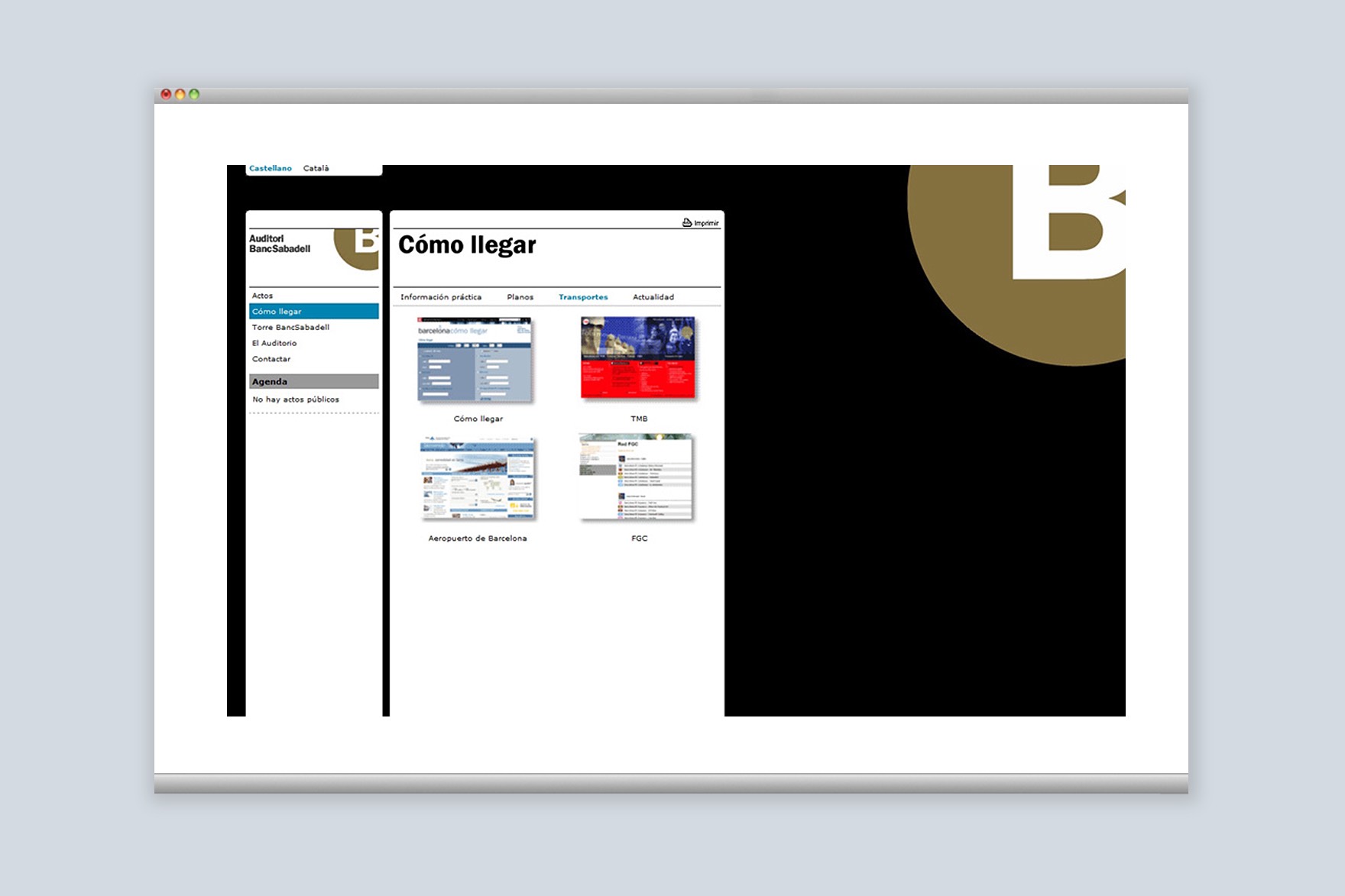P&aacute;gina &ldquo;C&oacute;mo llegar&rdquo; de la web del Auditorio BANC SABADELL. Web dise&ntilde;ada por el estudio de branding y comunicaci&oacute;n Esiete y programada por sevenap.