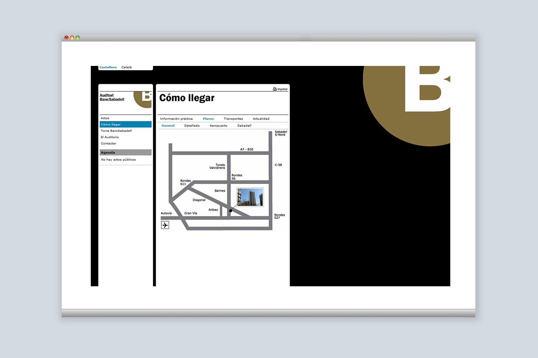 P&aacute;gina &ldquo;c&oacute;mo llegar&rdquo; de la web del Auditorio BANC SABADELL. Incluye un plano de la direcci&oacute;n y la imagen de la torre. Web dise&ntilde;ada por el estudio de branding y comunicaci&oacute;n Esiete y programada por sevenap.