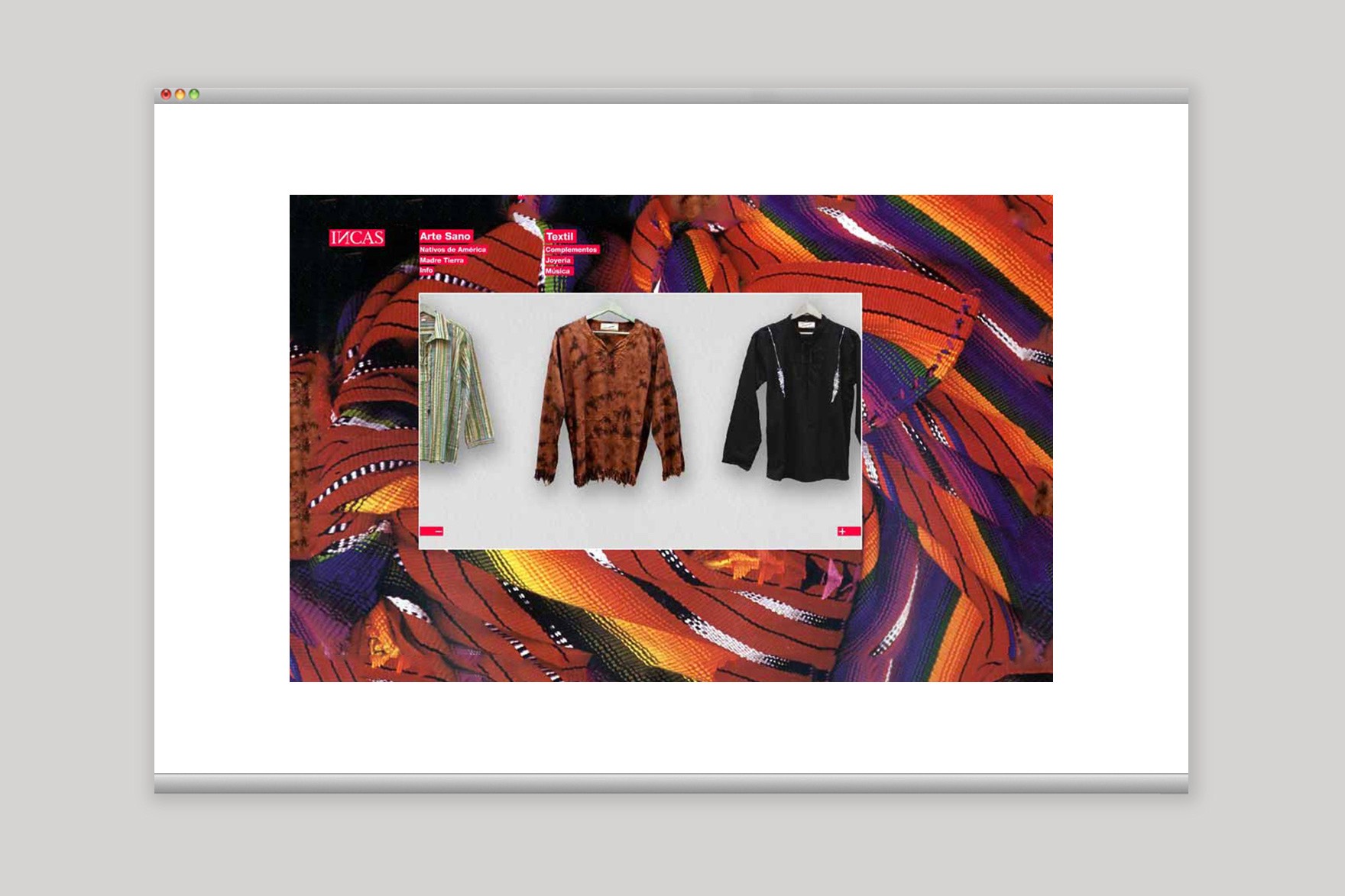 P&aacute;gina de ARTE TEXTIL SALUDABLE de la web de INCAS. Incluye la textura de las camisetas y los textiles. Web dise&ntilde;ada por el estudio de branding y comunicaci&oacute;n Esiete y programada por sevenap.
