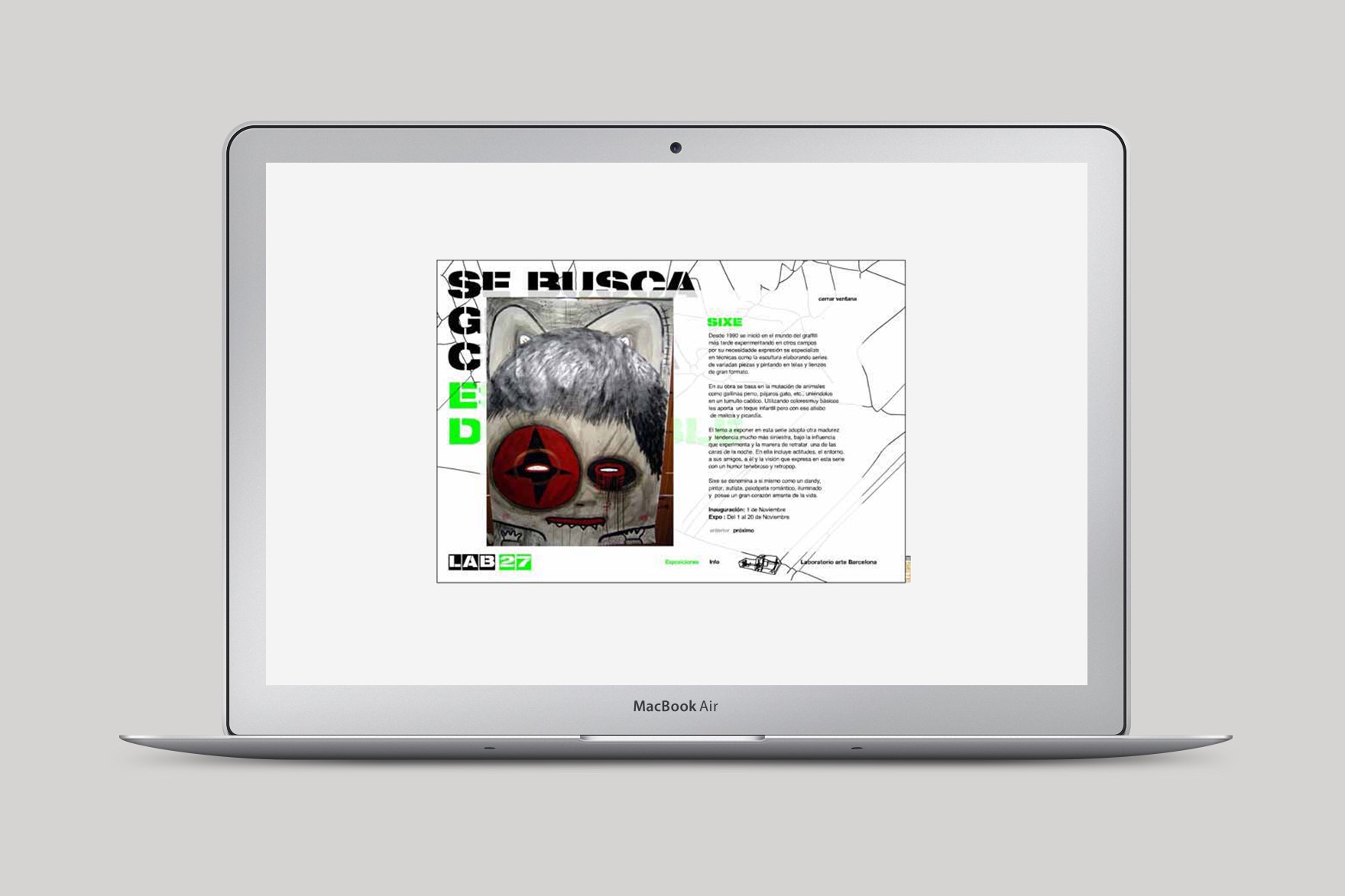 Disseny de la p&agrave;gina de destinaci&oacute; del lloc web LAB27 amb una imatge d'un collage/il&middot;lustraci&oacute; morbosa com un gat. Web dissenyada per l'estudi de marca i comunicaci&oacute; Esiete i programada per sevenap.