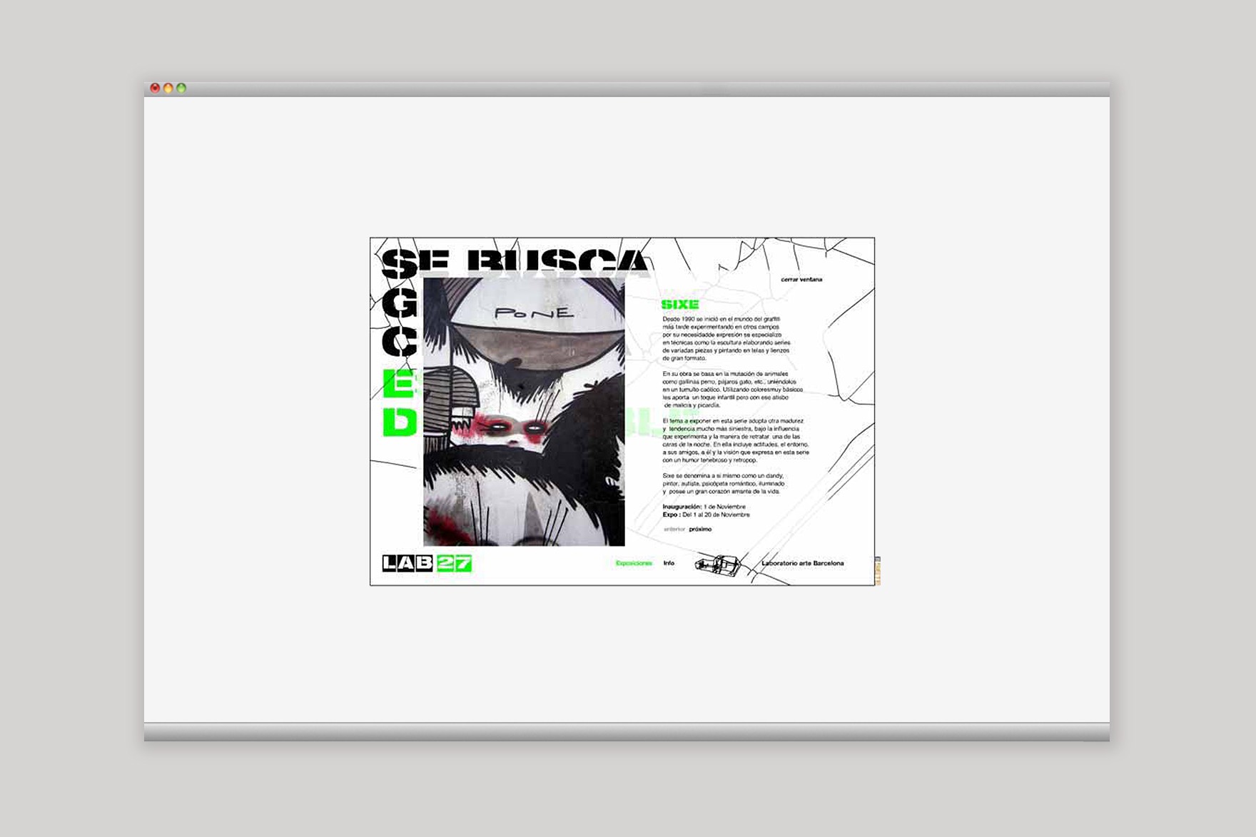 P&agrave;gina de destinaci&oacute; despla&ccedil;ada; del lloc web LAB27 amb una imatge d'un collage/il&middot;lustraci&oacute; d'un personatge de dibuixos animats morboss amb els ulls vermells. Web dissenyada per l'estudi de marca i comunicaci&oacute; Esiete i programada per sevenap.