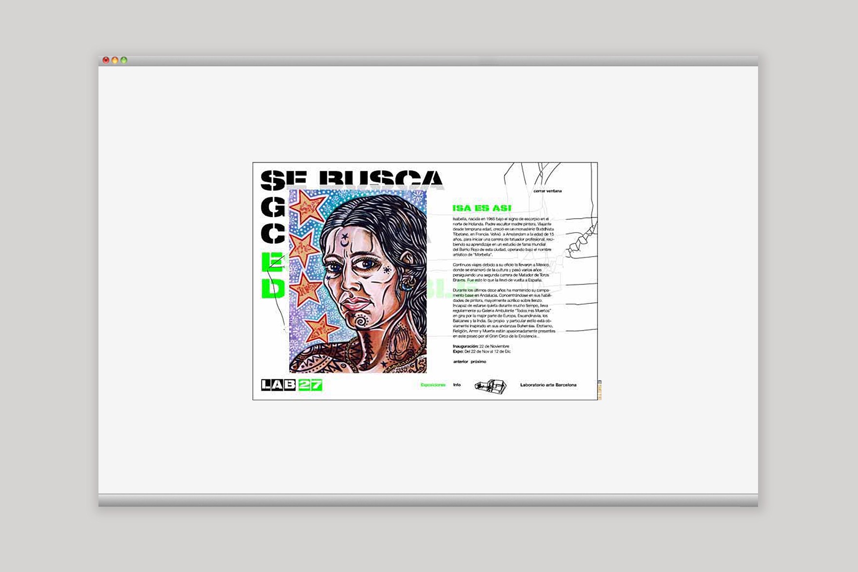 P&agrave;gina de destinaci&oacute; despla&ccedil;ada; del lloc web LAB27 amb una imatge d'un collage/il&middot;lustraci&oacute; d'un personatge de dibuixos animats morboss amb els ulls vermells. Web dissenyada per l'estudi de marca i comunicaci&oacute; Esiete i programada per sevenap.