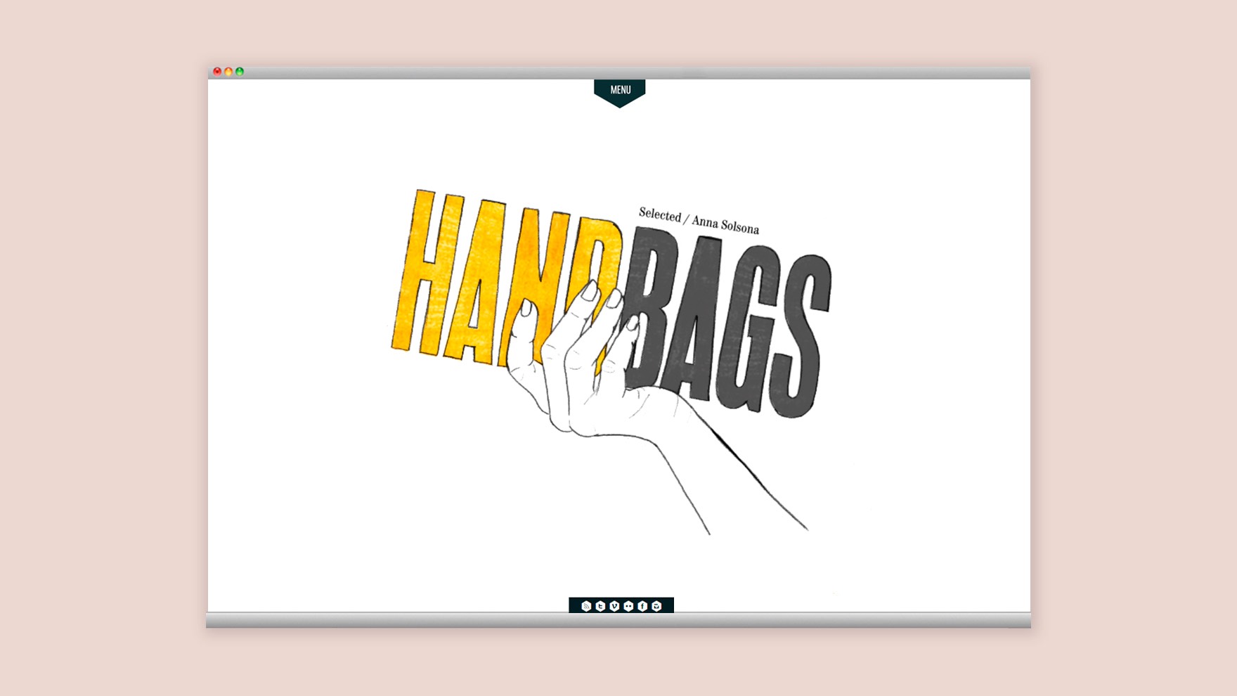 Ilustraci&oacute;n de una mano sujetando la palabra HANDBAGS, parte de la p&aacute;gina de inicio de la web corporativa de HANDBAGS. Dise&ntilde;ado por el estudio de branding y comunicaci&oacute;n esiete y programado por sevenap.