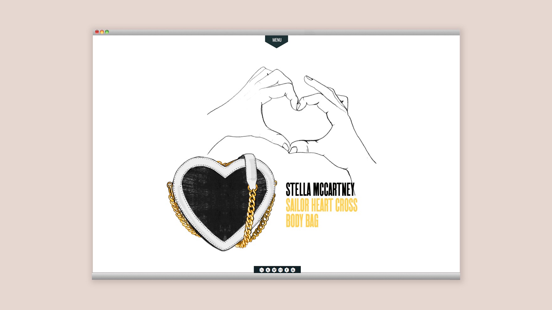 Ilustraci&oacute;n de unas manos en forma de coraz&oacute;n junto con la ilustraci&oacute;n de un bolso en forma de coraz&oacute;n, tambi&eacute;n parte de la p&aacute;gina de inicio de la web corporativa de HANDBAGS. Dise&ntilde;ado por el estudio de branding y comunicaci&oacute;n esiete y programado por sevenap.