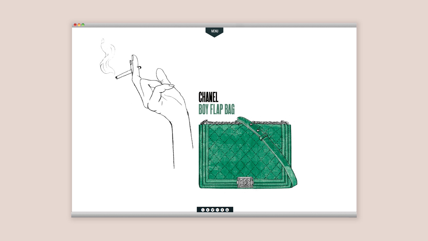 Ilustraci&oacute;n de una mano sujetando un cigarrillo con un bolso de solapa de ni&ntilde;o de CHANEL, parte de la web corporativa de HANDBAGS. Dise&ntilde;ado por el estudio de branding y comunicaci&oacute;n esiete y programado por sevenap.