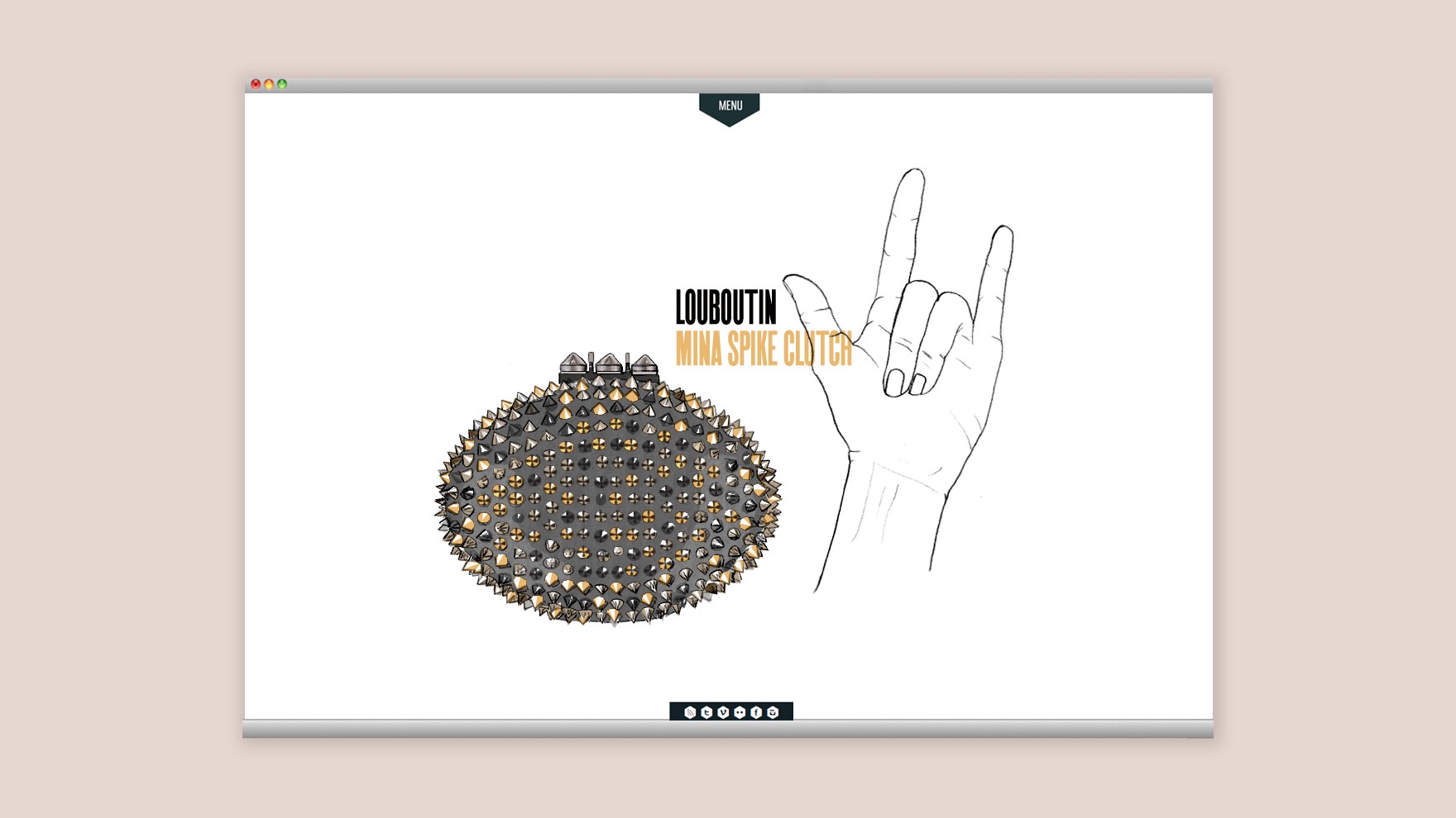 Ilustraci&oacute;n de una mano haciendo el gesto de la roca junto a un bolso Clutch Mina Spike de LOUBOUTIN, formando parte de la web corporativa de HANDBAGS. Dise&ntilde;ado por el estudio de branding y comunicaci&oacute;n esiete y programado por sevenap.