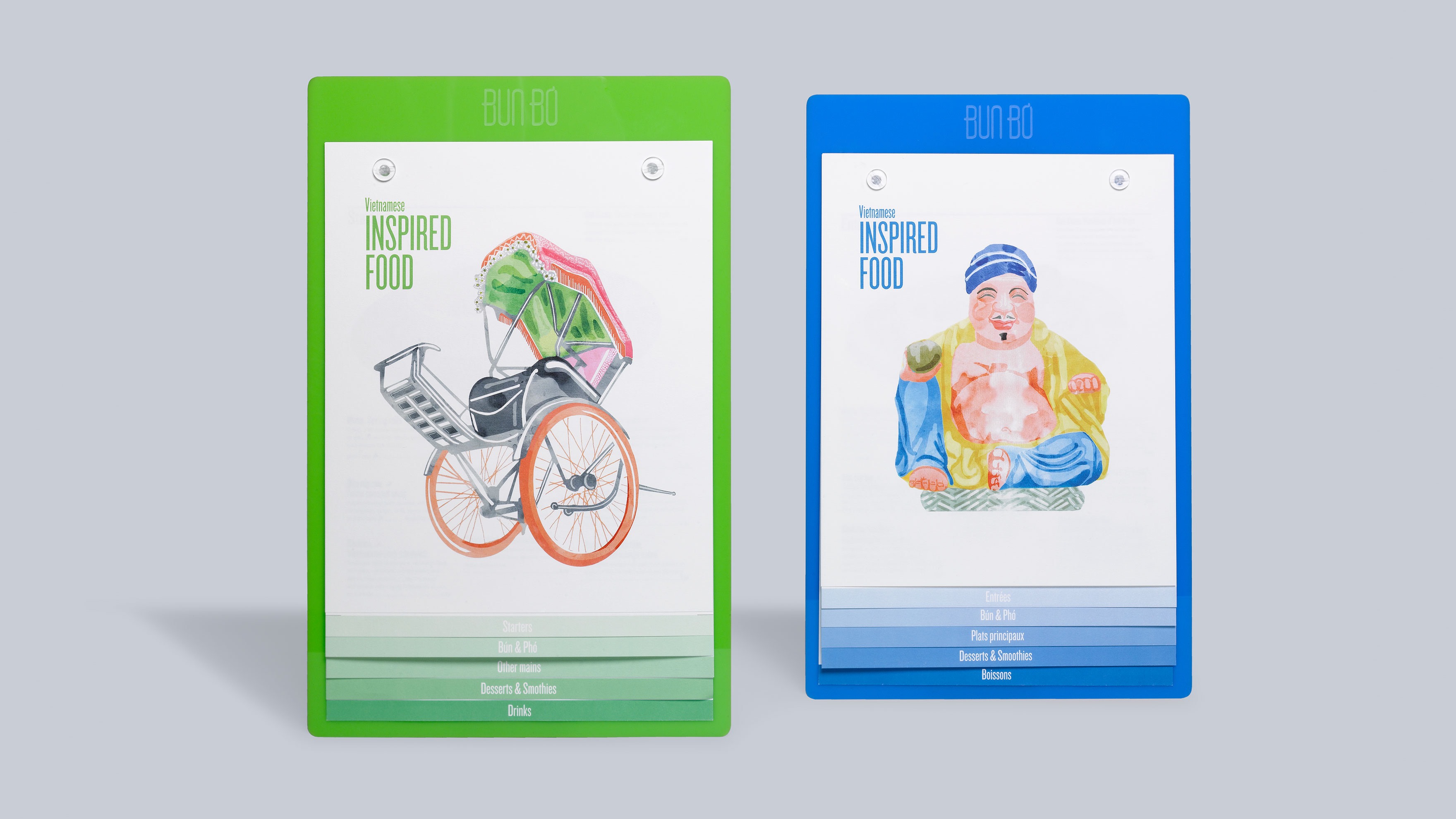 Men&uacute;s del restaurante BUN B&Ograve;. Dise&ntilde;ados por el estudio de branding y comunicaci&oacute;n esiete.