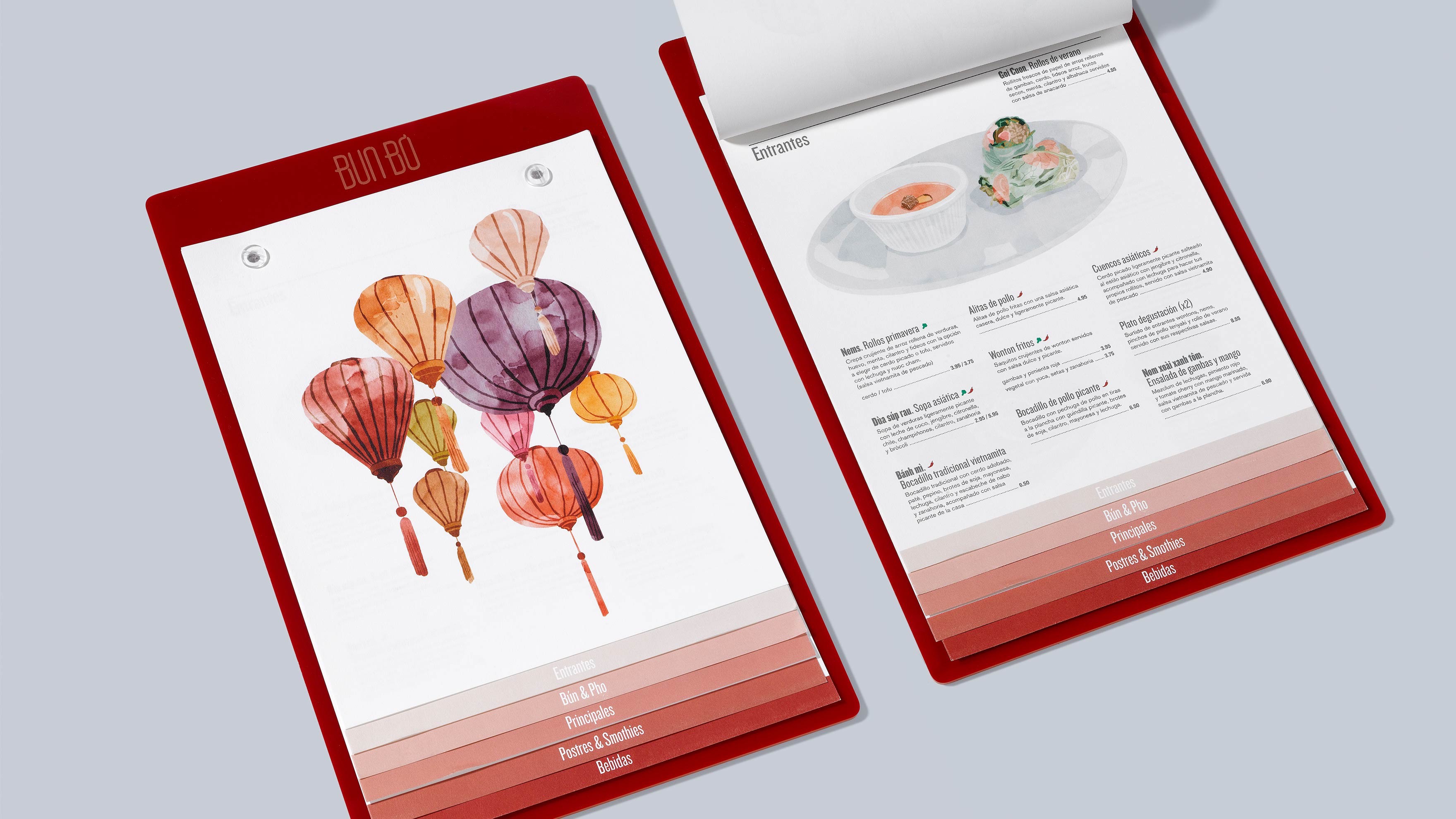 Men&uacute;s del restaurante BUN B&Ograve; con la identidad visual aplicada. Dise&ntilde;ados por el estudio de branding y comunicaci&oacute;n esiete.