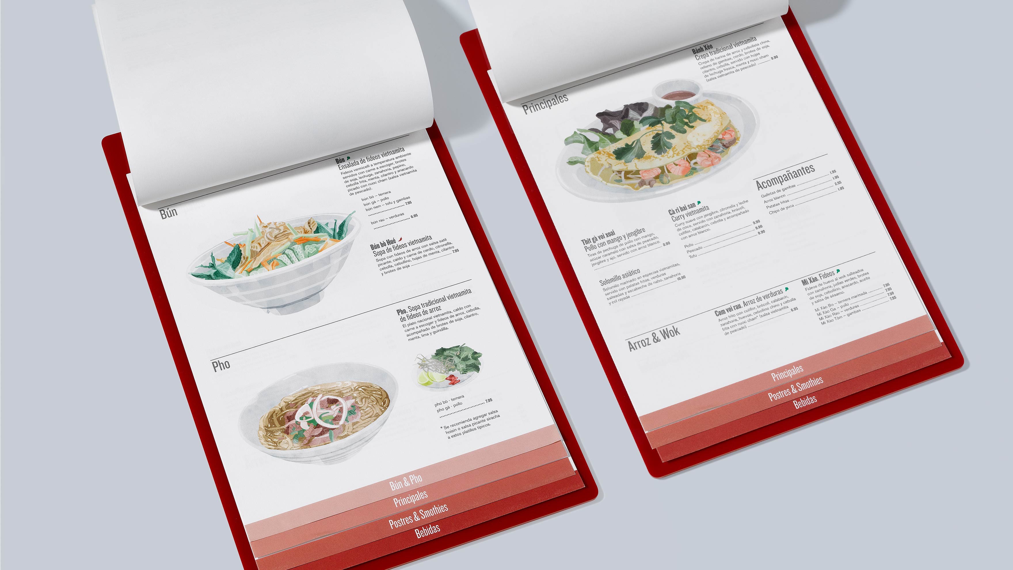 Men&uacute;s del restaurante BUN B&Ograve; con la identidad visual aplicada y con ilustraciones de los platos en acuarela. Dise&ntilde;ados por el estudio de branding y comunicaci&oacute;n esiete.