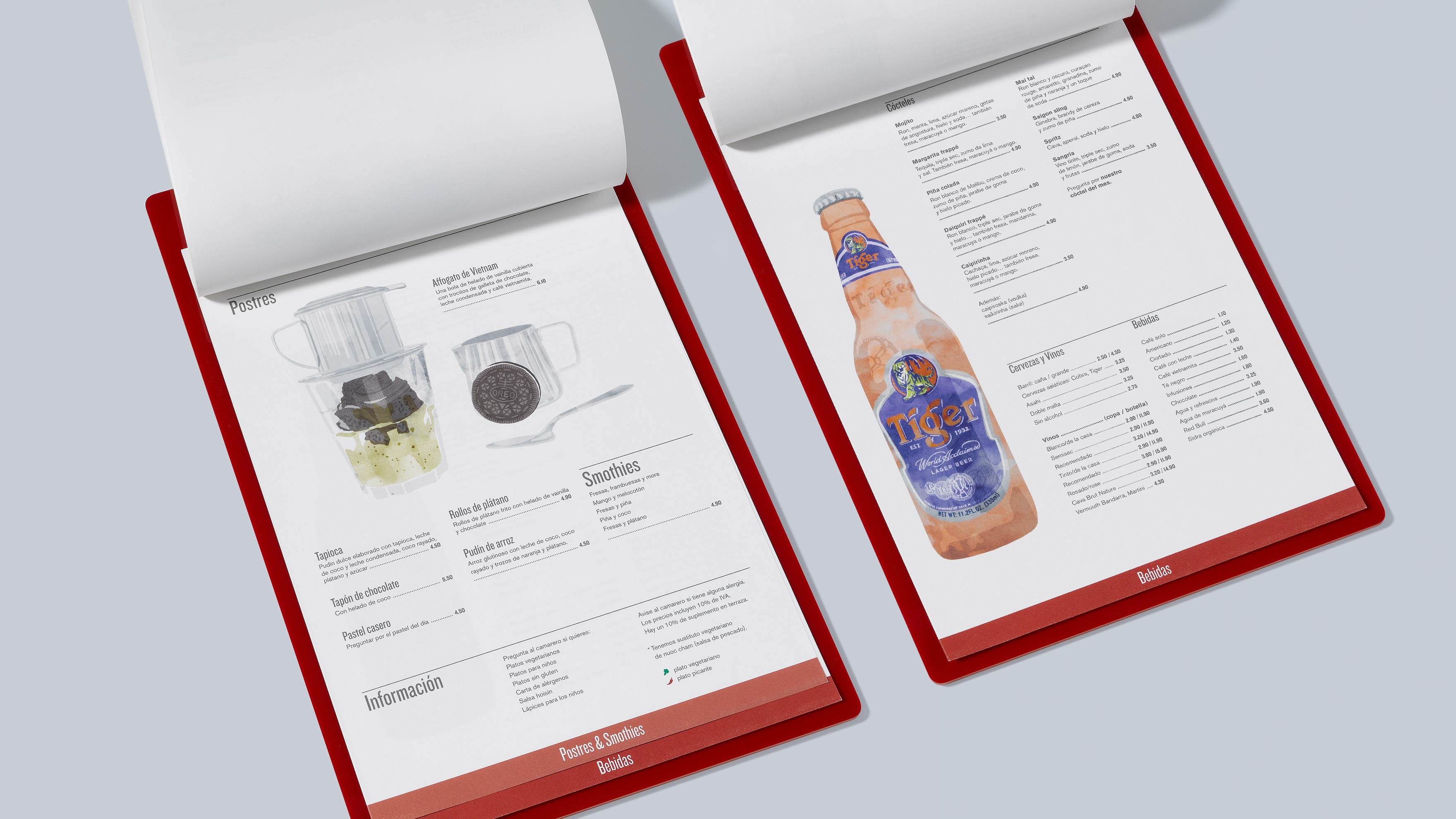 Men&uacute;s del restaurante BUN B&Ograve; con la identidad visual aplicada y con ilustraciones de las bebidas y smoothies en estilo acuarela. Dise&ntilde;ados por el estudio de branding y comunicaci&oacute;n esiete.