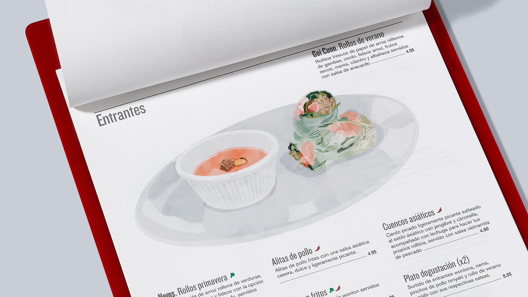 P&aacute;gina de entrantes del restaurante BUN B&Ograve;, con la imagen corporativa aplicada e ilustraciones en acuarela de los platos destacados. Dise&ntilde;ada por el estudio de branding y comunicaci&oacute;n esiete.