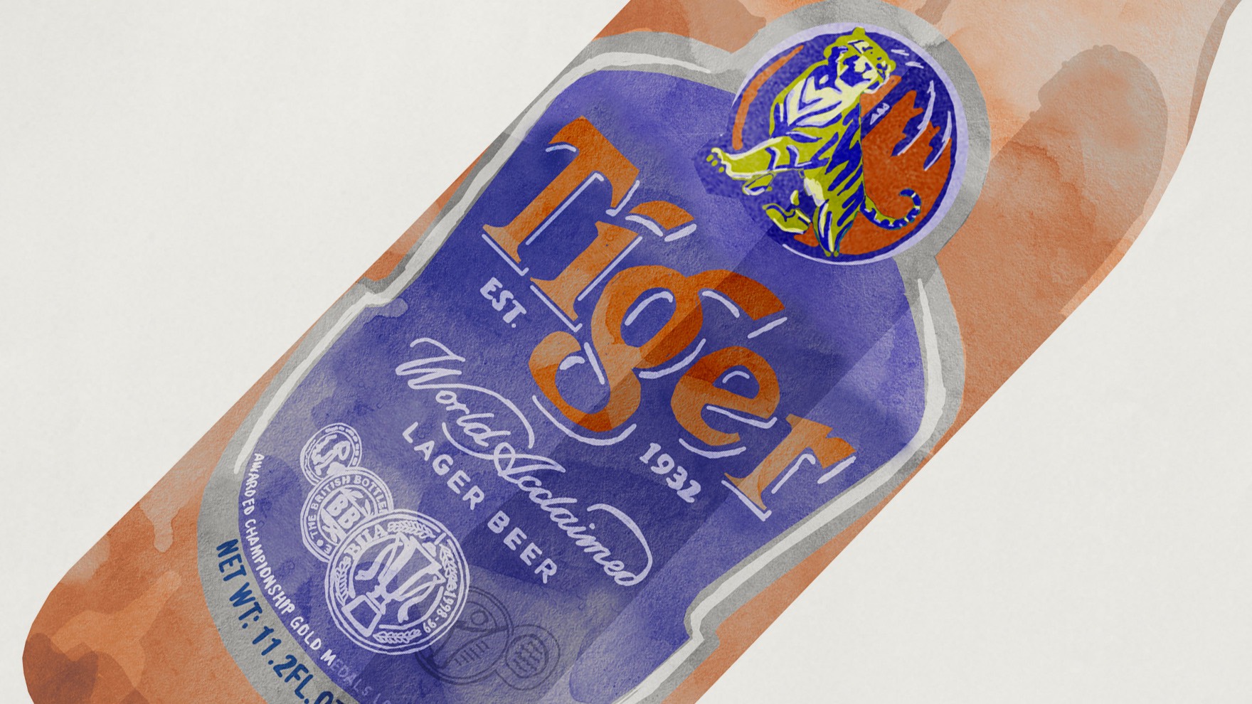 Ilustraci&oacute;n de la cerveza TIGER, con el estilo de ilustraci&oacute;n de la identidad visual de BUN B&Ograve;. Dise&ntilde;ada por el estudio de branding y comunicaci&oacute;n esiete.