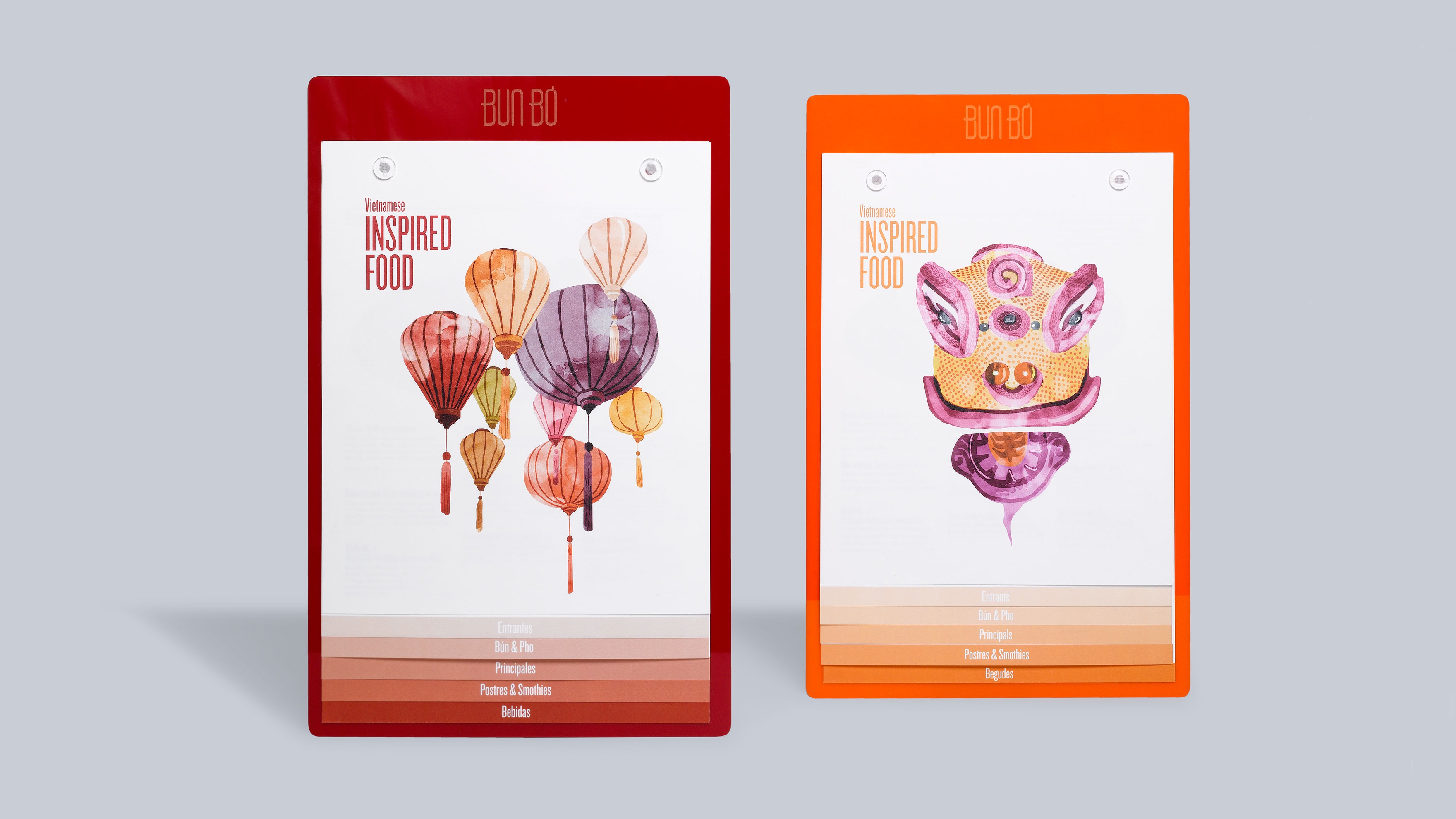 Men&uacute;s del restaurante BUN B&Ograve;. Dise&ntilde;ados por el estudio de branding y comunicaci&oacute;n esiete.