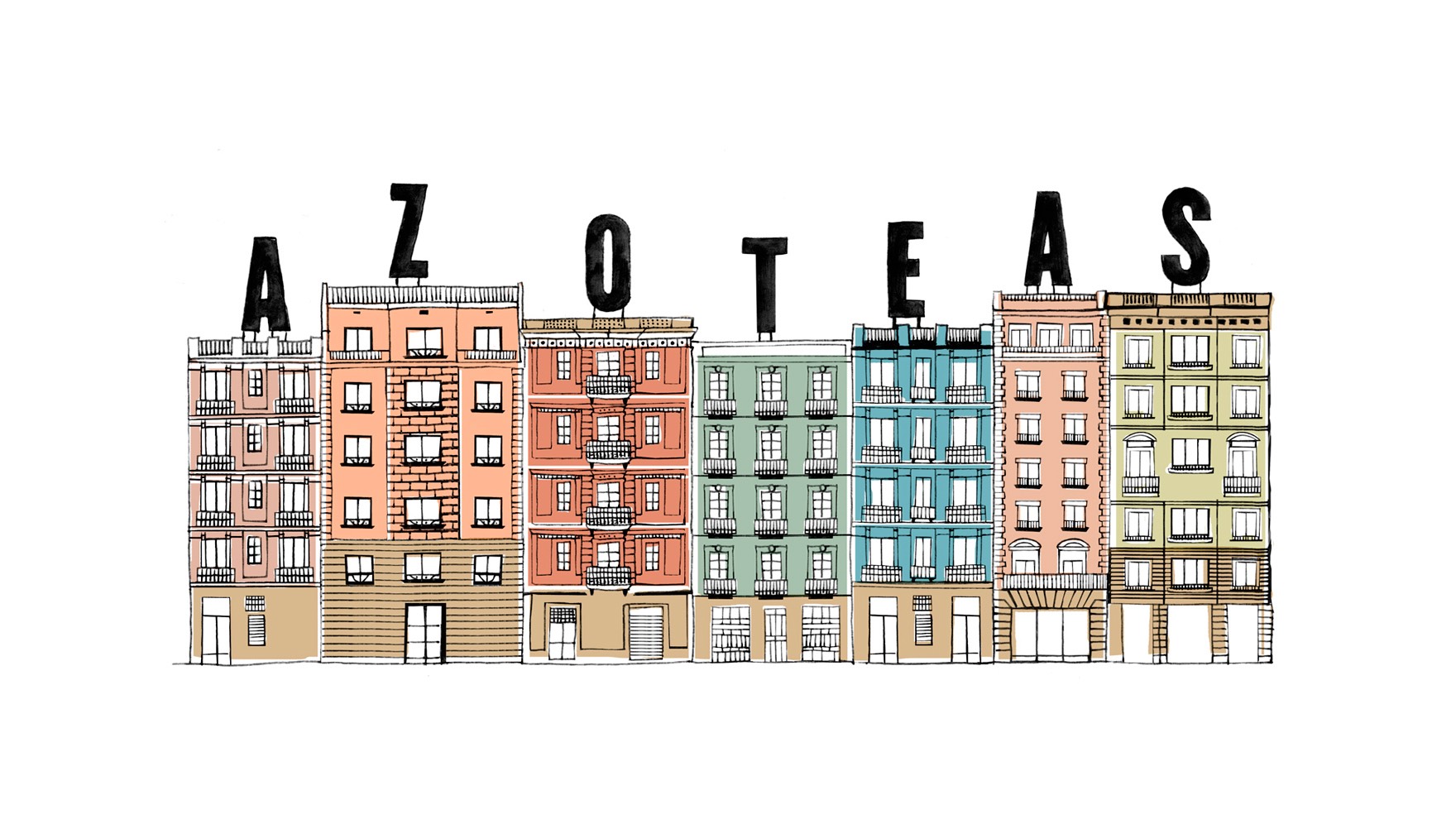 Ilustraci&oacute;n de un edificio a todo color, con una letra de la palabra AZOTEAS encima de cada edificio. Ilustraci&oacute;n del estudio de branding y comunicaci&oacute;n Esiete.