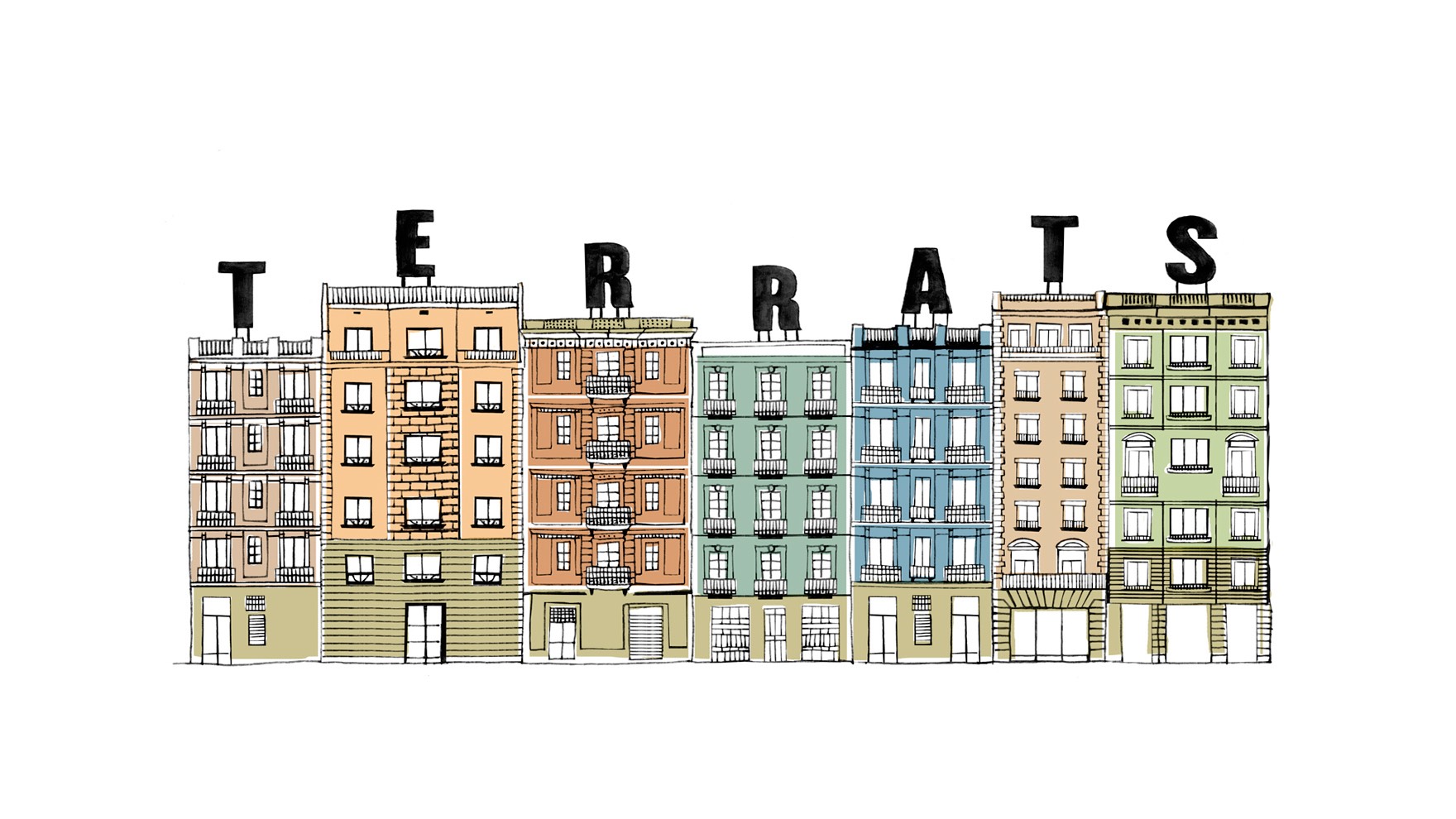 Ilustraci&oacute;n de un edificio a todo color, con una letra de la palabra TERRATS encima de cada edificio. Ilustraci&oacute;n del estudio de branding y comunicaci&oacute;n Esiete.