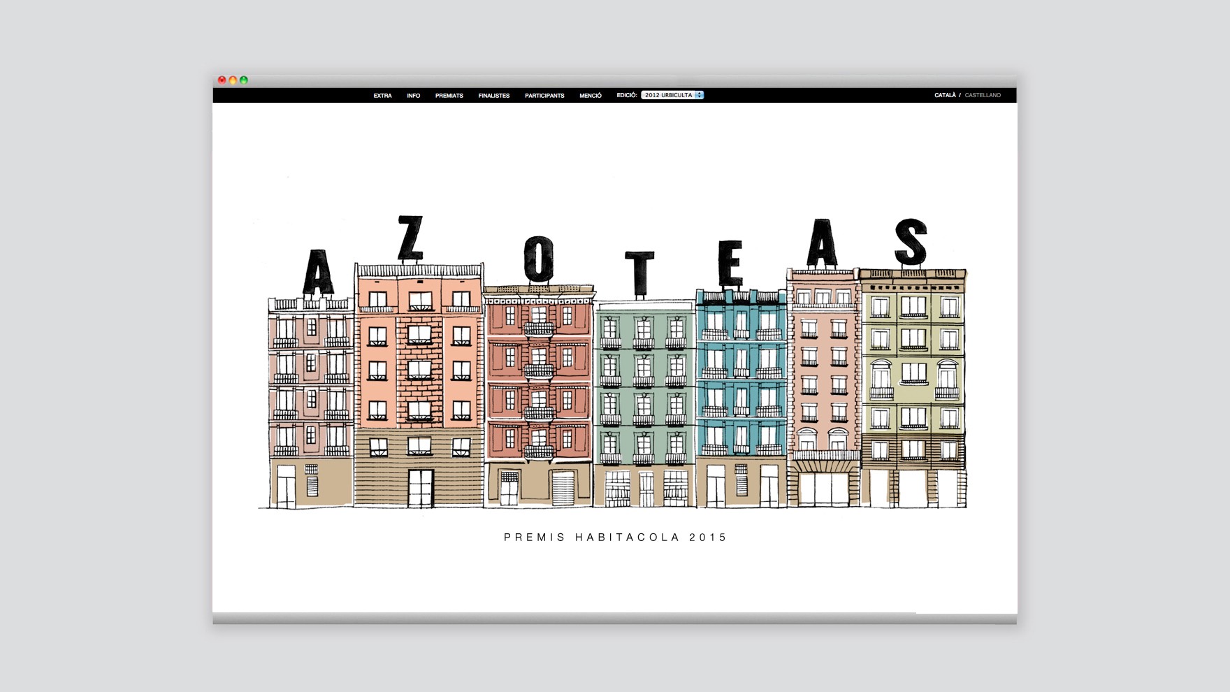 Ilustraci&oacute;n de un edificio a todo color, con una letra de la palabra AZOTEAS encima de cada edificio; ilustraci&oacute;n aplicada a la web de PREMIS HABITACOLA 2015 Ilustraci&oacute;n del estudio de branding y comunicaci&oacute;n Esiete.