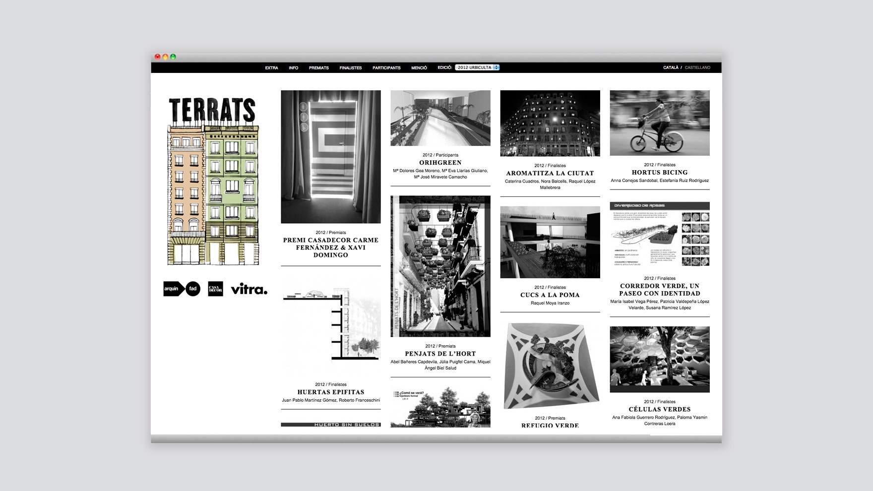 Ilustraci&oacute;n de diferentes edificios con la palabra TERRATS encima de los edificios aplicada a la web de PREMIS HABITACOLA 2015. Dise&ntilde;o del estudio de branding y comunicaci&oacute;n Esiete.