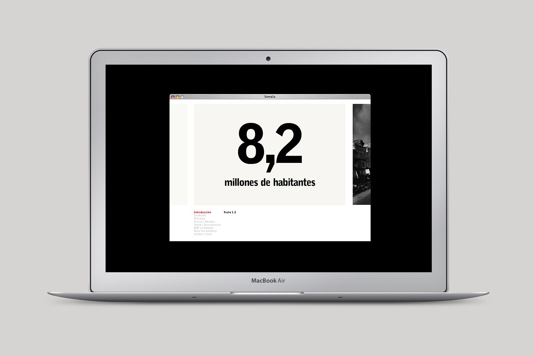 Dise&ntilde;o de la landing page del sitio web MSF MICROSITE. Secci&oacute;n de introducci&oacute;n. Maquetaci&oacute;n minimalista en estilo suizo. Sitio web dise&ntilde;ado por el estudio de branding y comunicaci&oacute;n Esiete y programado por sevenap.