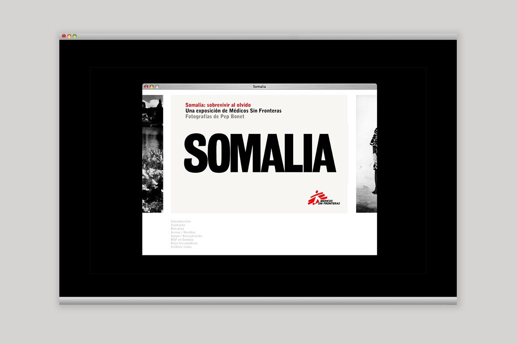 Dise&ntilde;o de la landing page del sitio web MSF MICROSITE. Secci&oacute;n de introducci&oacute;n. Maquetaci&oacute;n minimalista en estilo suizo. Somalia con fotograf&iacute;a de Pep Bonet. Sitio web dise&ntilde;ado por el estudio de branding y comunicaci&oacute;n Esiete y programado por sevenap.