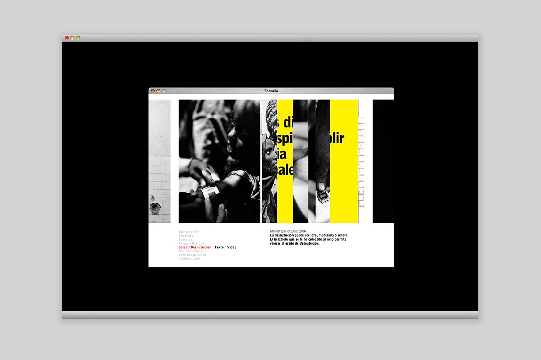 Dise&ntilde;o de la p&aacute;gina SALUD/NUTRICI&Oacute;N del sitio web MSF MICROSITE. Incluye fotograf&iacute;a de Somalia con barras amarillas y tipograf&iacute;a enmascarada. Sitio web dise&ntilde;ado por el estudio de branding y comunicaci&oacute;n Esiete y programado por sevenap.