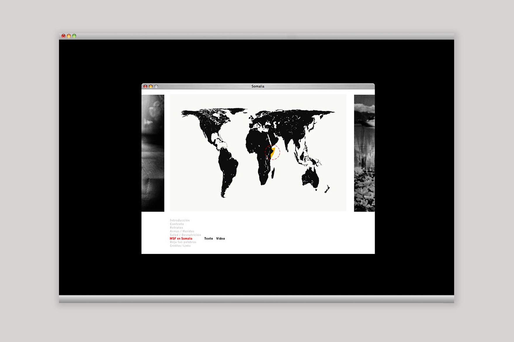 Dise&ntilde;o de la p&aacute;gina MSF EN SOMALIA del MICROSITIO MSF. Incluye un mapa del mundo en negro con Somalia resaltada. Sitio web dise&ntilde;ado por el estudio de branding y comunicaci&oacute;n Esiete y programado por sevenap.