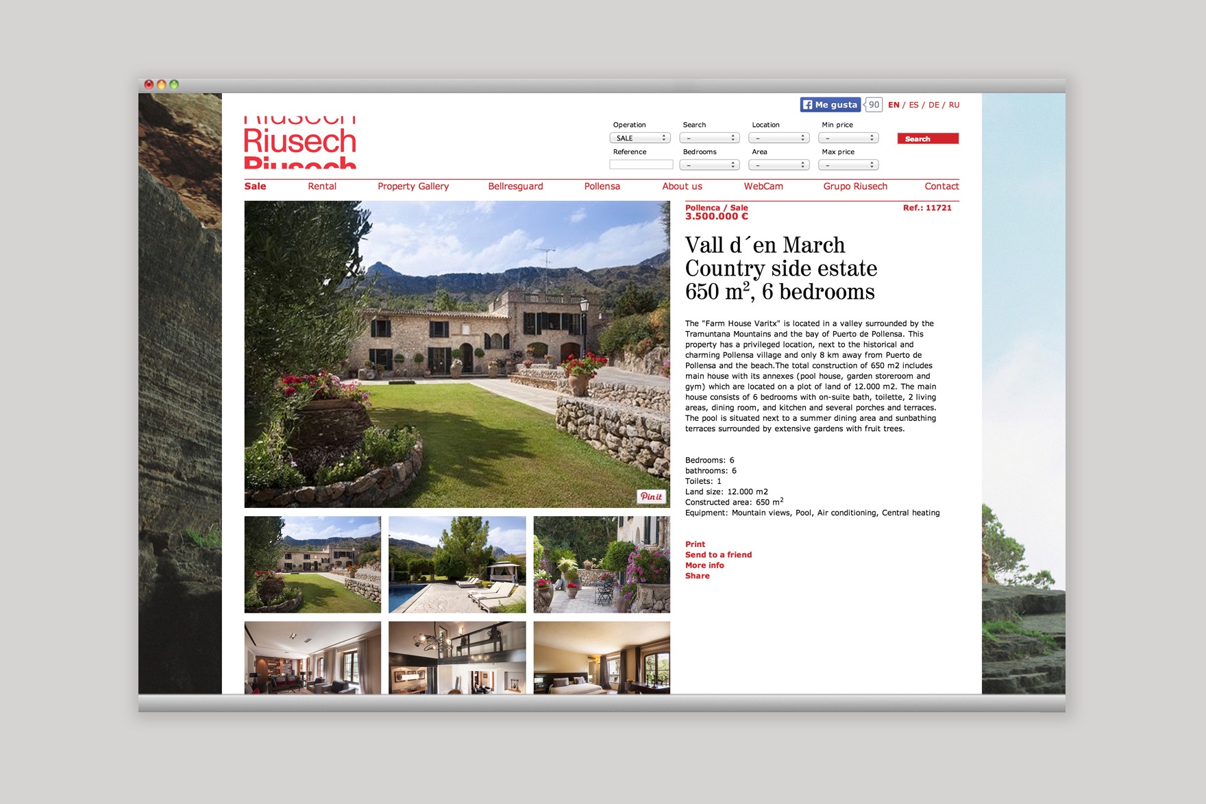 Disseny de p&agrave;gina de venda d&rsquo;una casa de camp a la Vall d&rsquo;en March al web de RIUSECH. Dissenyat per l'estudi de marca i comunicaci&oacute; esiete i programat per sevenap.