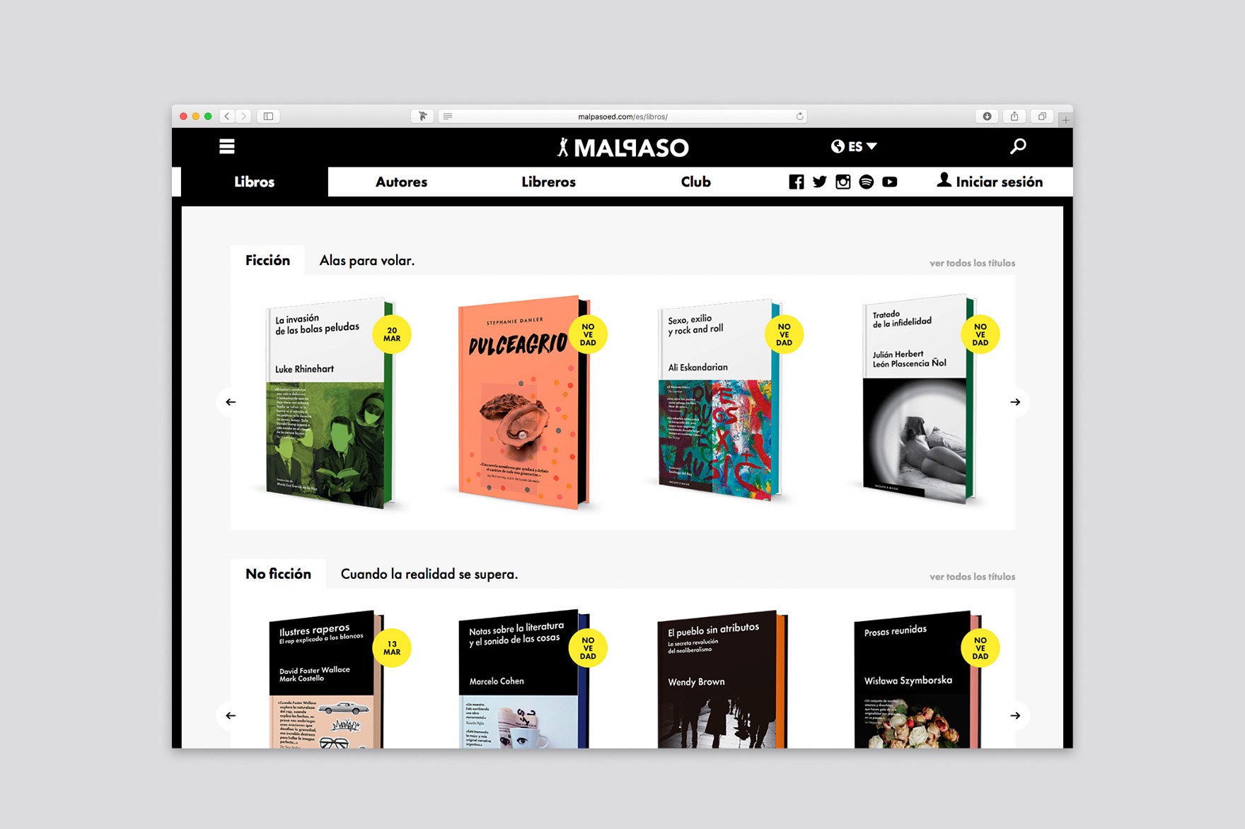 Dise&ntilde;o de la p&aacute;gina de libros de ficci&oacute;n del sitio web de la editorial Malpaso. Dise&ntilde;ado por el estudio de branding y comunicaci&oacute;n esiete y programado por sevenap.