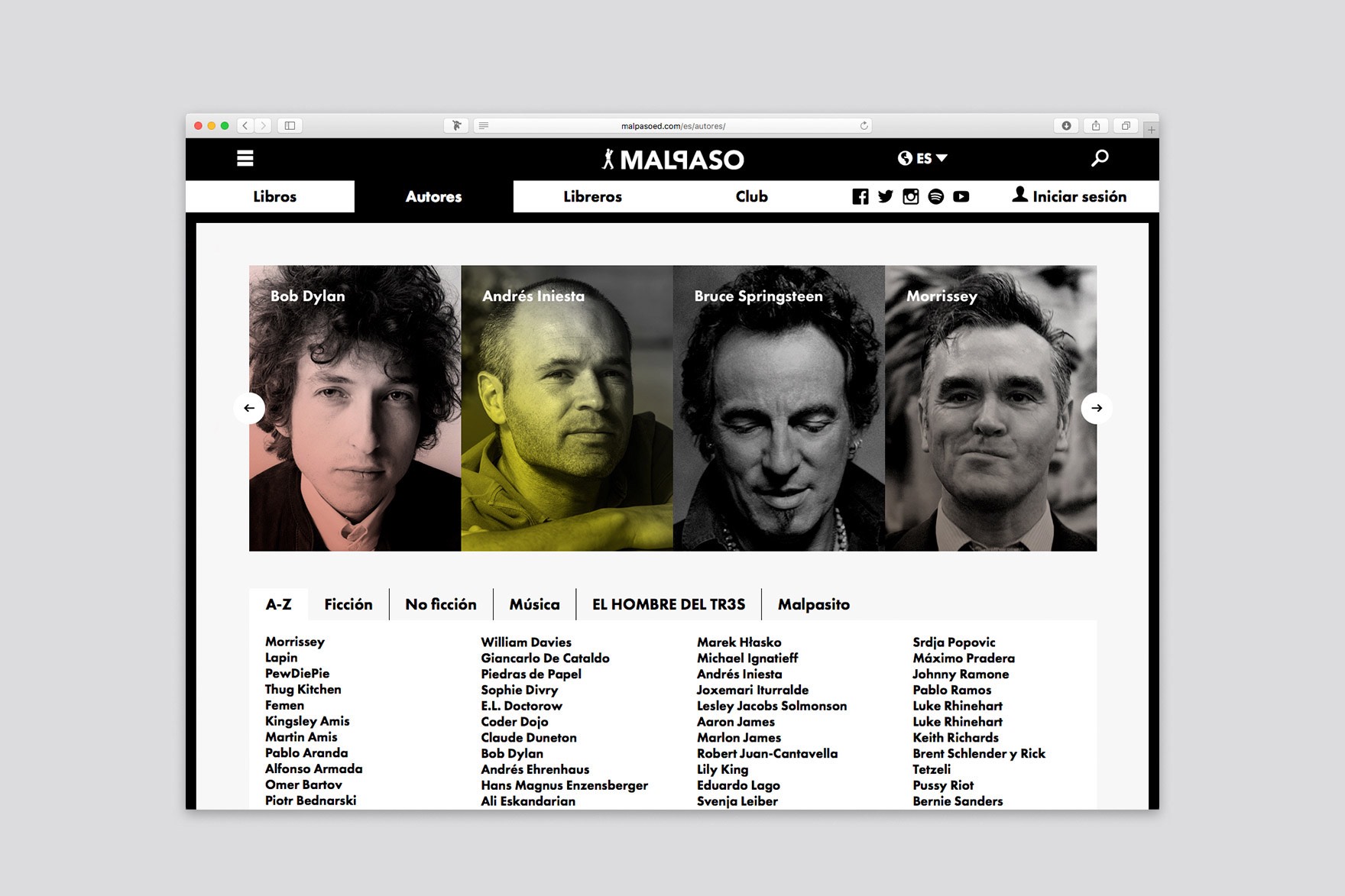 Dise&ntilde;o de la p&aacute;gina de autores del sitio web editorial Malpaso. Incluye nombres de autores, fotograf&iacute;as y filtros como alfab&eacute;tico, ficci&oacute;n, no ficci&oacute;n, etc. Dise&ntilde;ado por el estudio de branding y comunicaci&oacute;n esiete y programado por sevenap.
