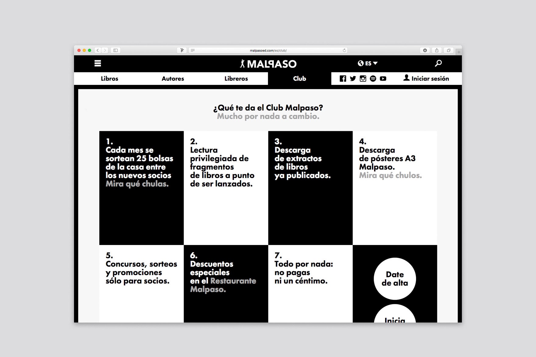 Dise&ntilde;o de p&aacute;gina del club para sitio web editorial Malpaso. Dise&ntilde;ado por el estudio de branding y comunicaci&oacute;n esiete y programado por sevenap.