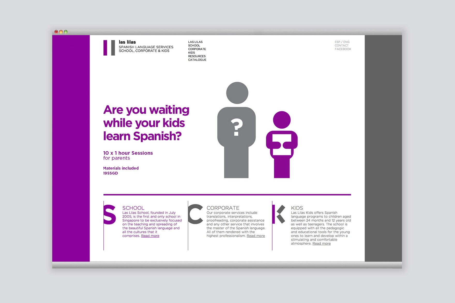 Section &ldquo;ARE YOY WAITING WHILE YOUR KIDS LEARN SPANISH?&rdquo; from the LAS LILAS 2007 website. Designed by the esiete branding and communication studio and programmed by sevenap.