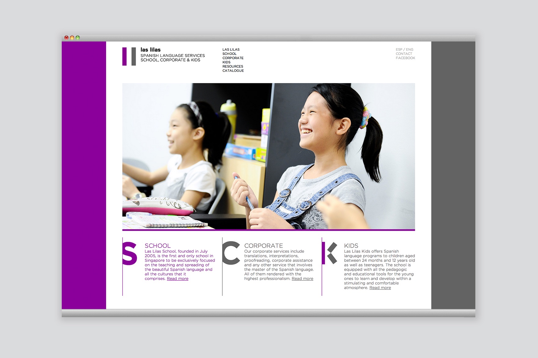 Photo of two students from the Las Lilas Spanish Academy on the website. Designed by the branding and communication studio esiete and programmed by sevenap.