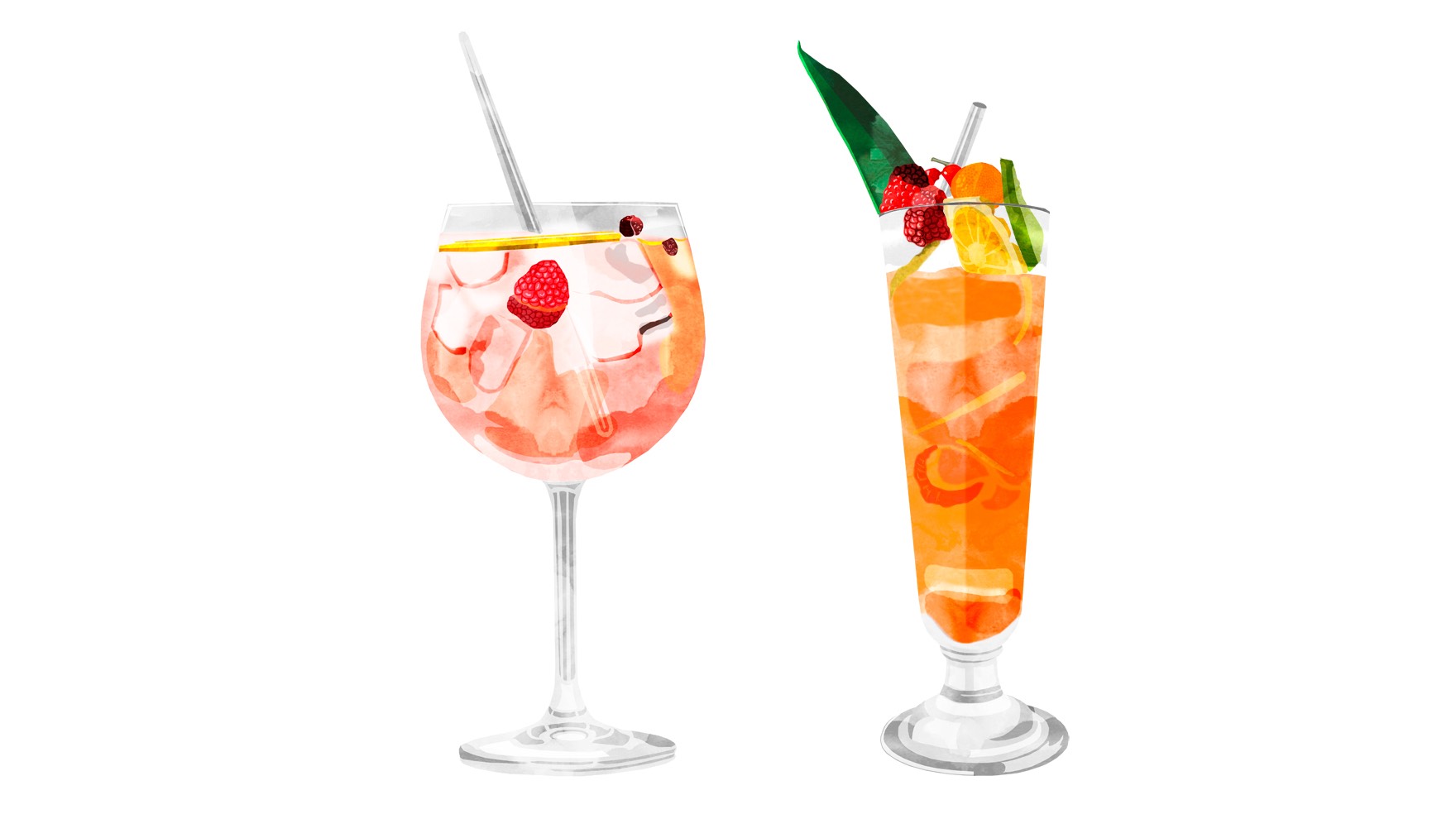 Ilustraci&oacute;n de dos c&oacute;cteles para el proyecto 5 C&Oacute;CTELES PARA REFRESCAR TUS NOCHES DE VERANO. Dise&ntilde;o de esiete estudio de branding y comunicaci&oacute;n.