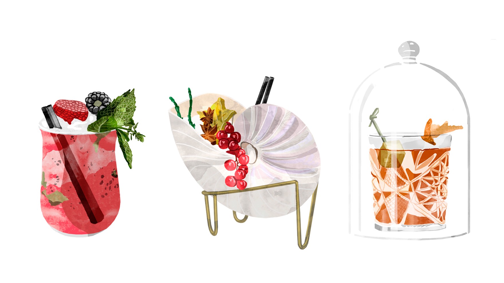 Ilustraci&oacute;n de tres c&oacute;cteles para el proyecto 5 C&Oacute;CTELES PARA REFRESCAR TUS NOCHES DE VERANO. Dise&ntilde;o de esiete estudio de branding y comunicaci&oacute;n.