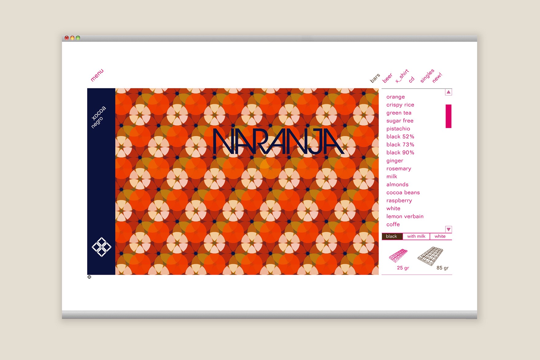BARS webpage design presenting the ORANGE bar on the XOCOA website. Right column text written in pink. Website designed by esiete branding and communication studio and programmed by sevenap.