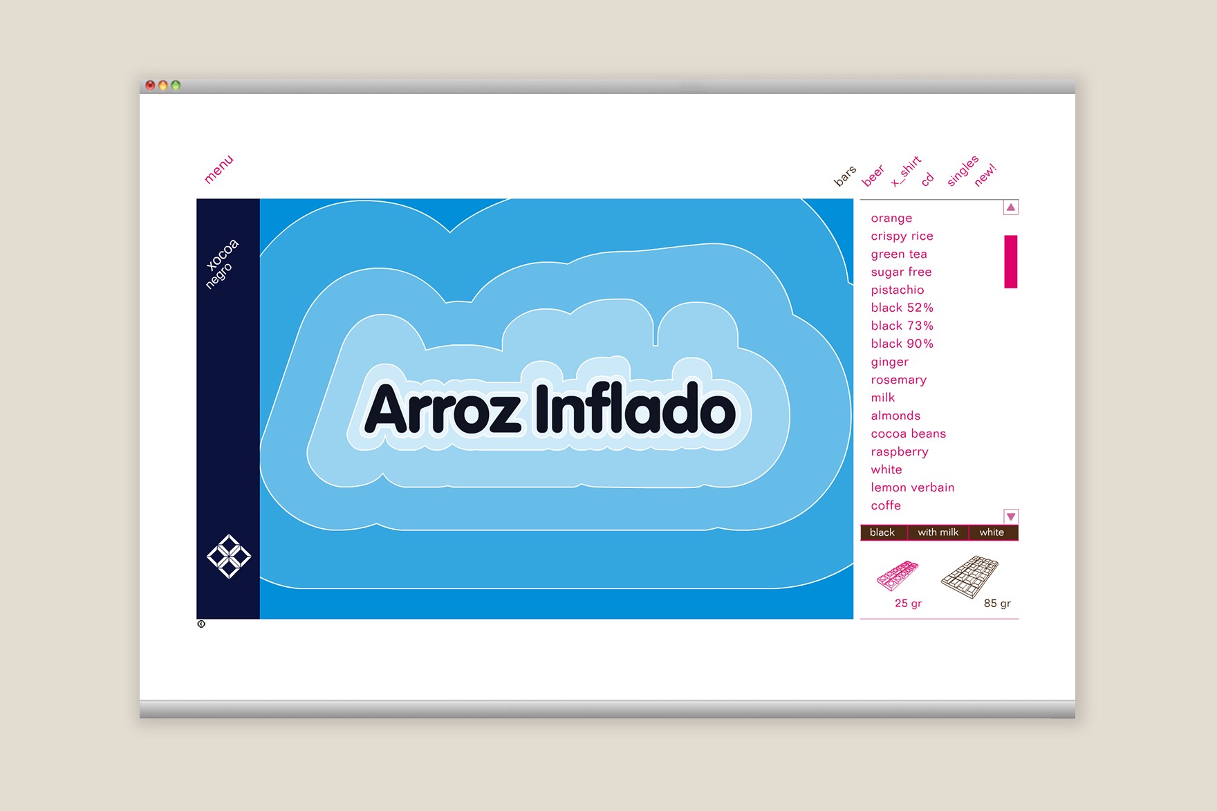 BARS webpage design presenting the PUFFED RICE bar on the XOCOA website. Designed by esiete branding and communication studio and programmed by sevenap.