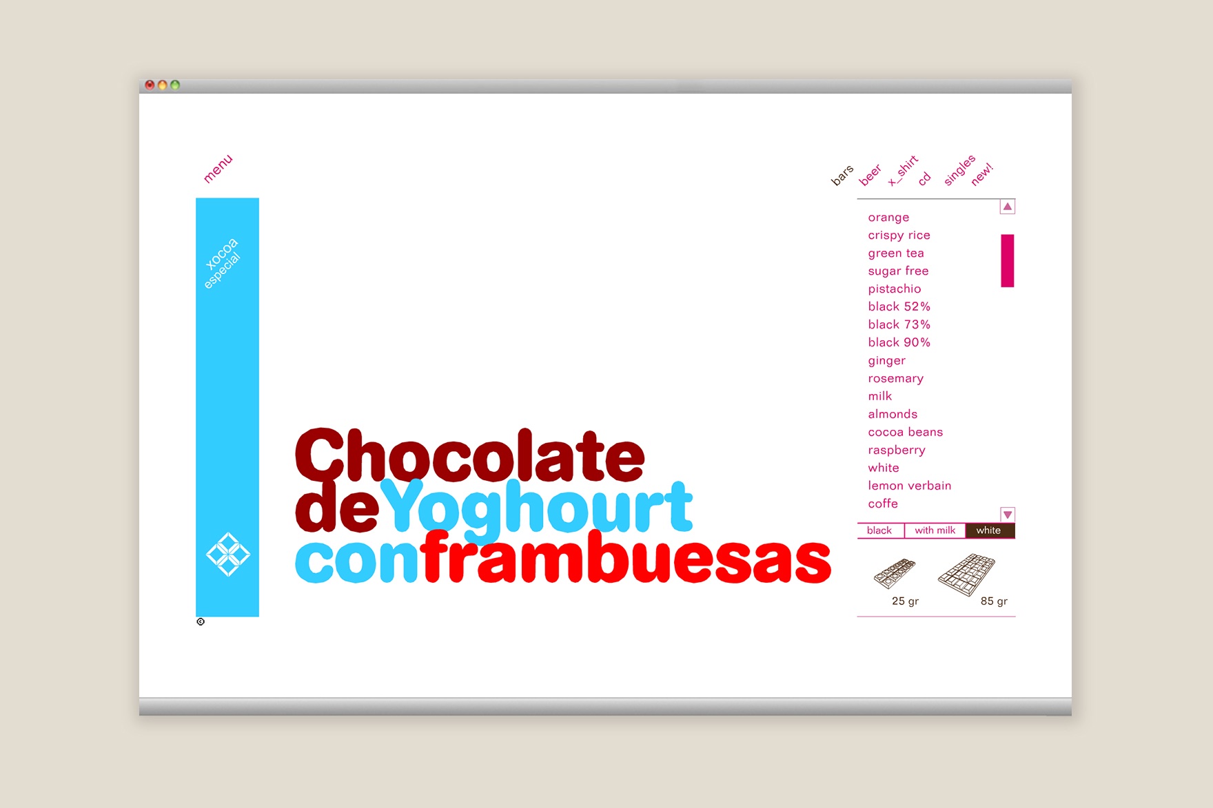 BARS webpage design presenting the PUFFED RICE bar on the XOCOA website. Designed by esiete branding and communication studio and programmed by sevenap.