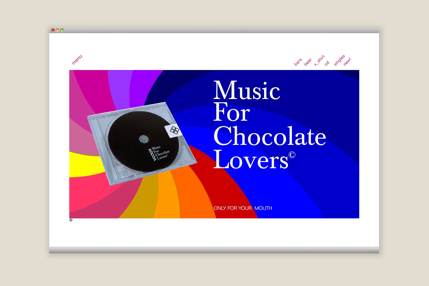 CD webpage design presenting &ldquo;MUSIC FOR CHOCOLATE LOVERS&rdquo; CD from the XOCOA website. Includes a real CD jacket and a spiral rainbow background. Website designed by the esiete branding and communication studio and programmed by sevenap.